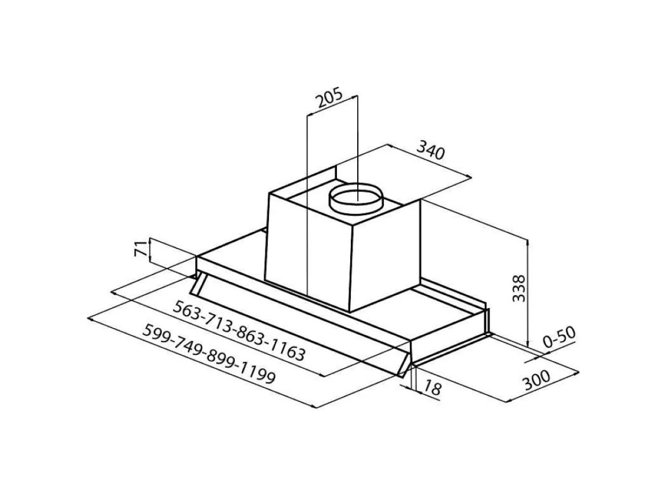 Disegno tecnico di una cappa da cucina con dimensioni.
