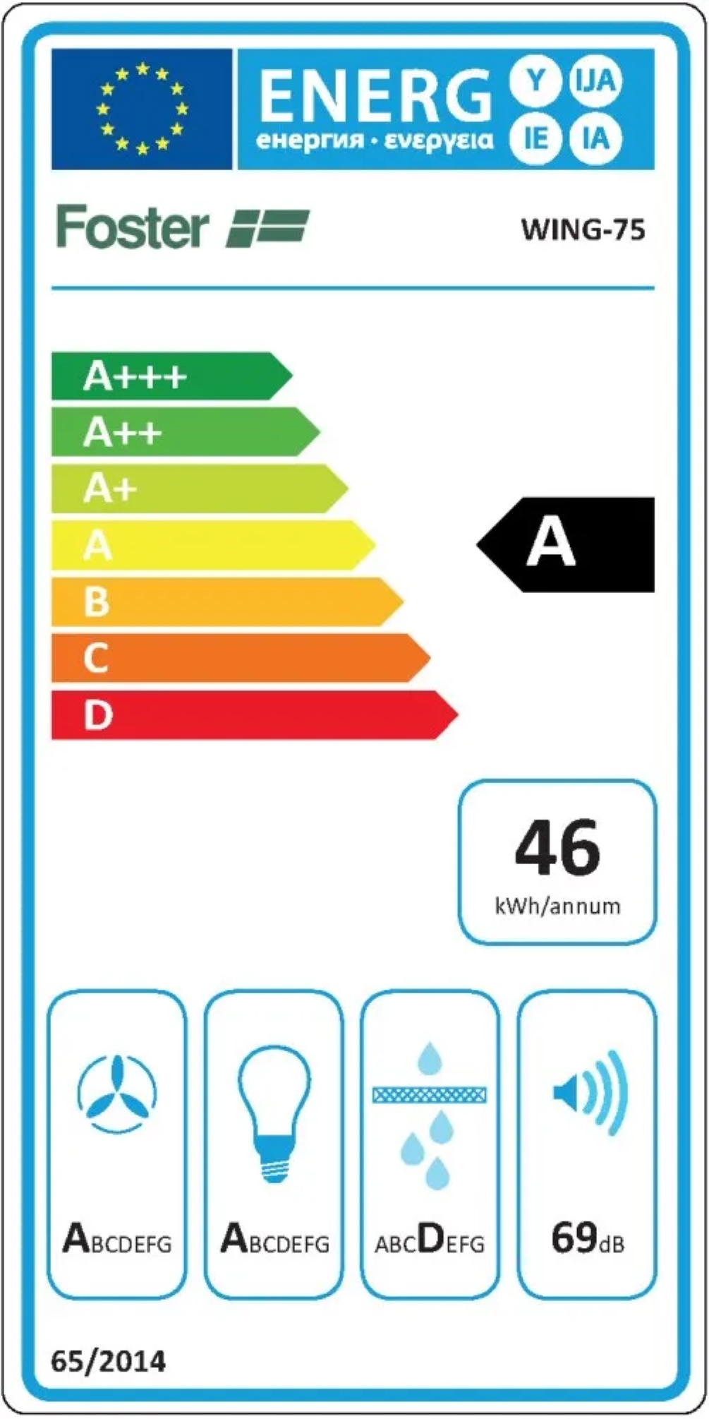 Etichetta energetica Foster, classe A, 46 kWh/anno.