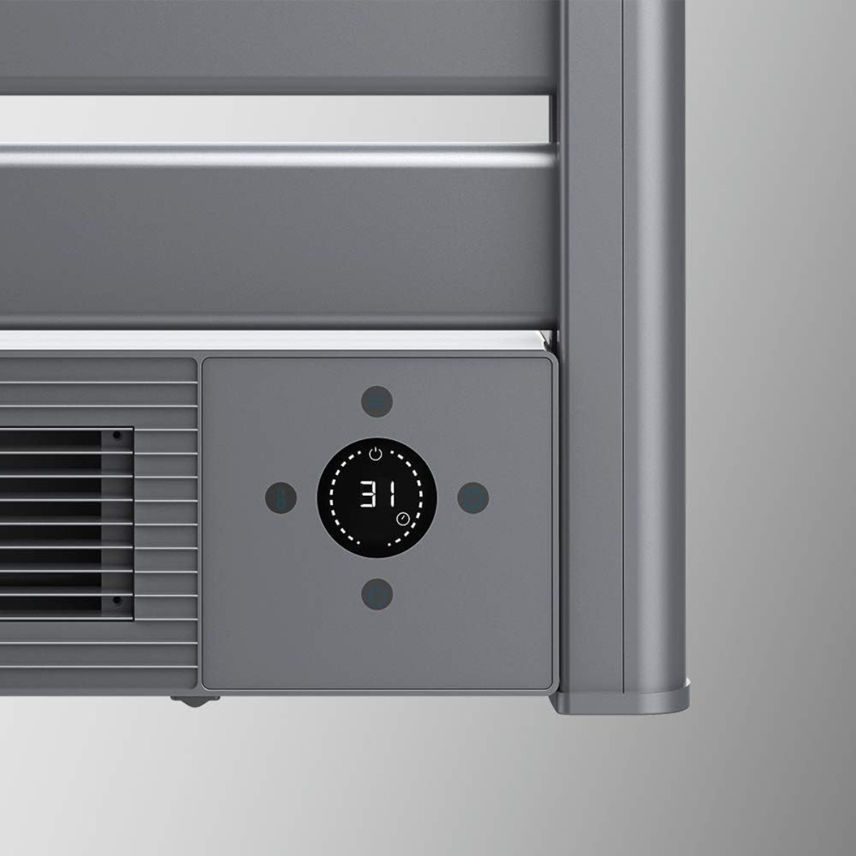 Szary grzejnik z cyfrowym wyświetlaczem (31) i kratką wentylacyjną.