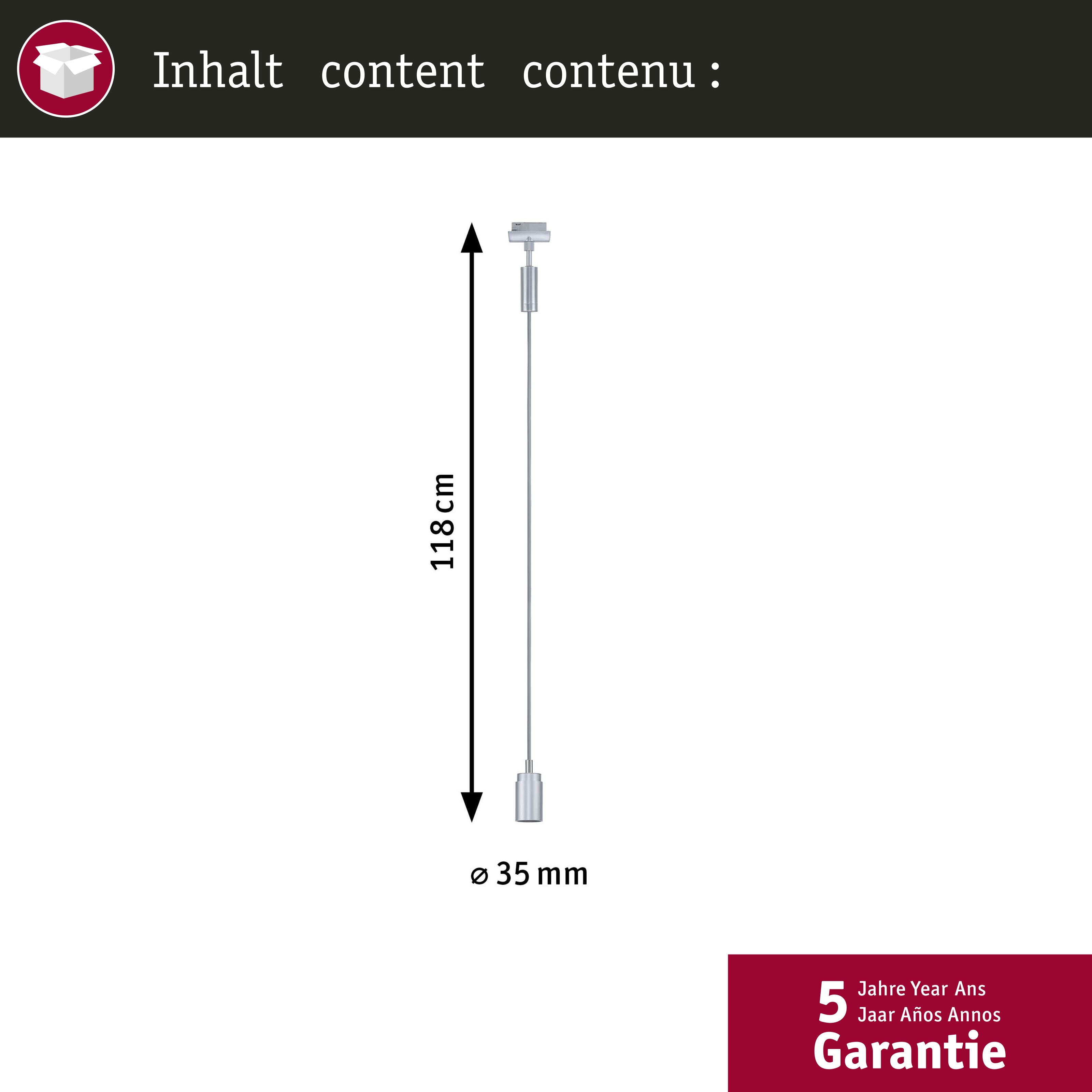 Ein silbernes Kabel mit 118 cm Länge und 35 mm Durchmesser.