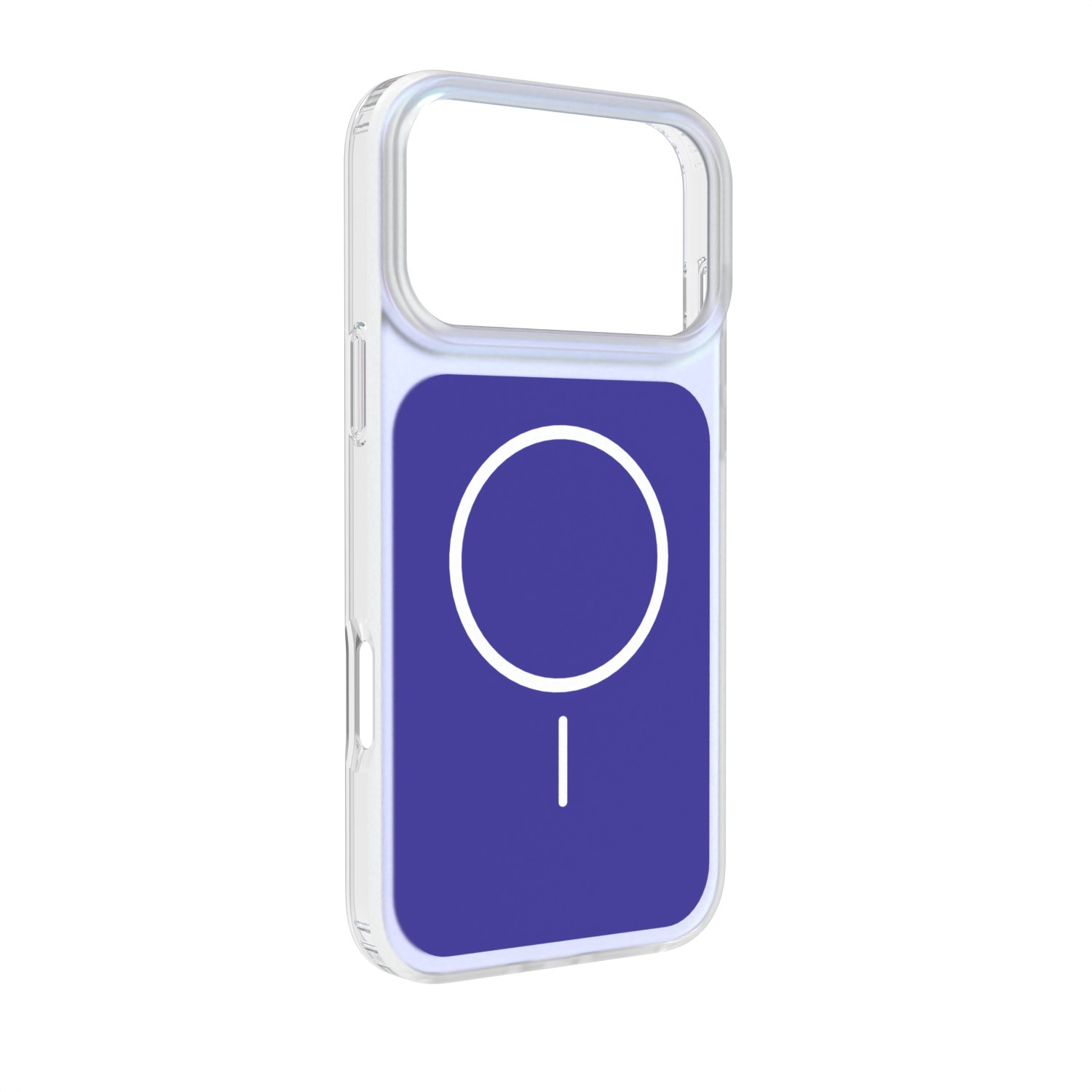 Una custodia trasparente per telefono con pannello blu e simbolo bianco cerchio-linea.