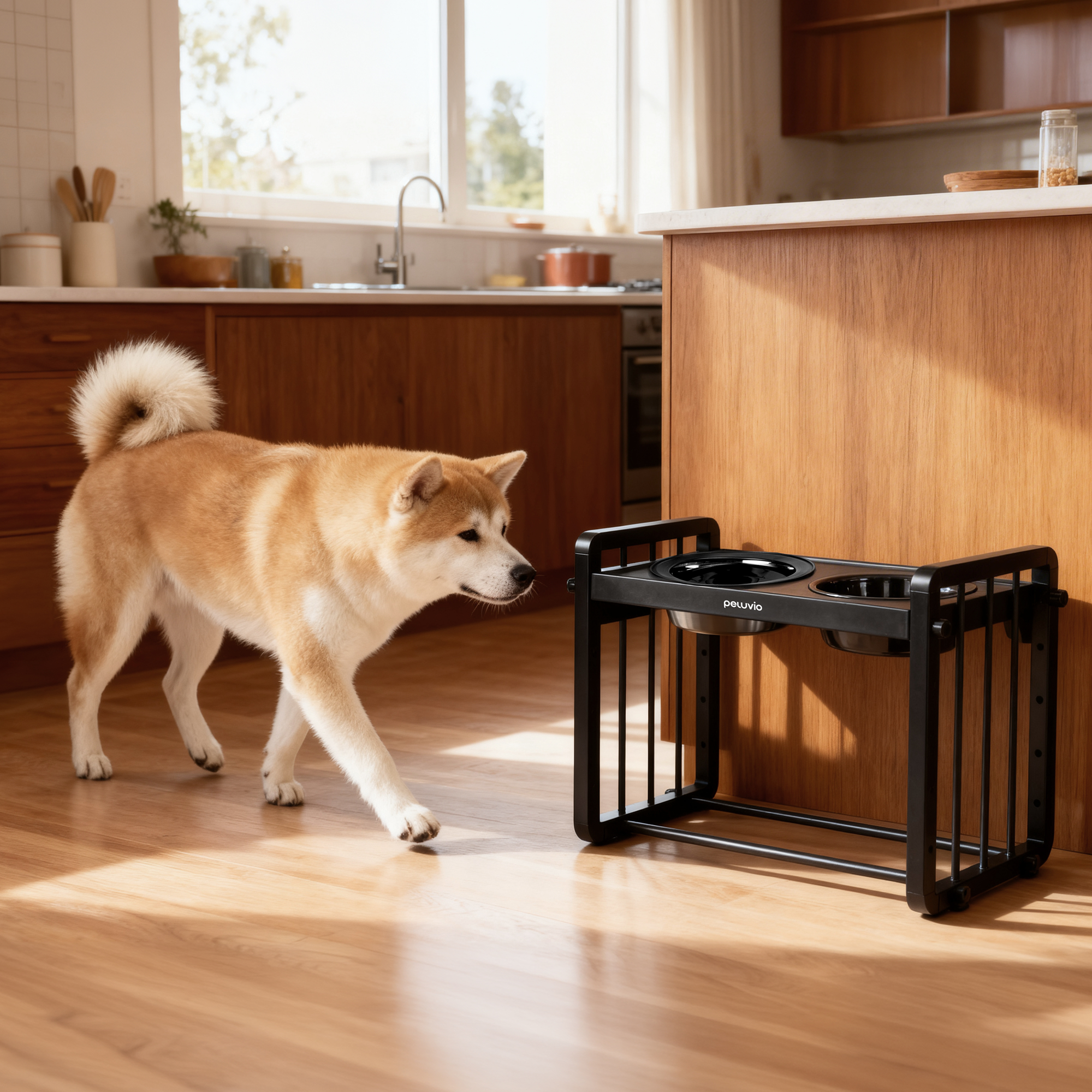 Ein Akita-Hund geht in einer Küche an einem Futternapfständer vorbei.