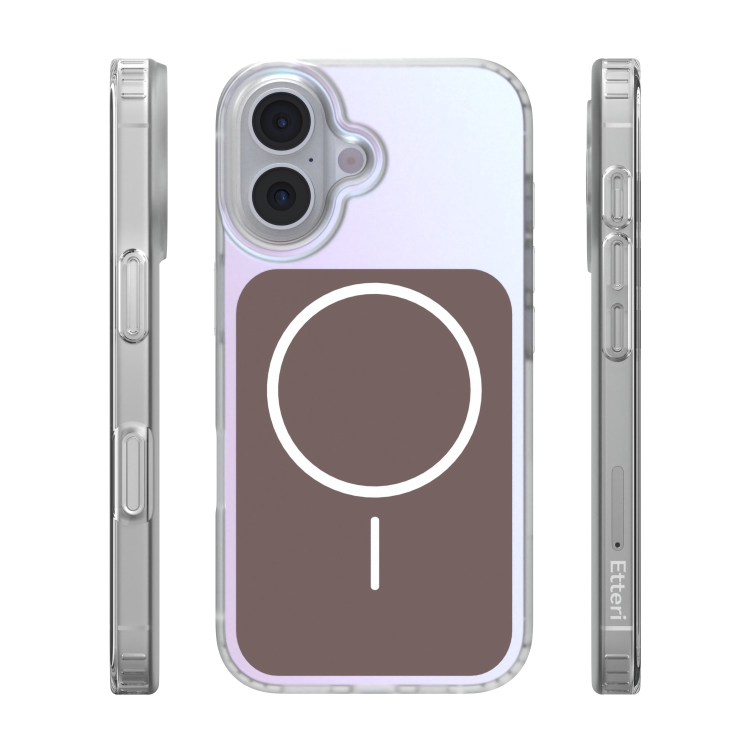 Custodia trasparente per telefono con cerchio MagSafe e fotocamera.