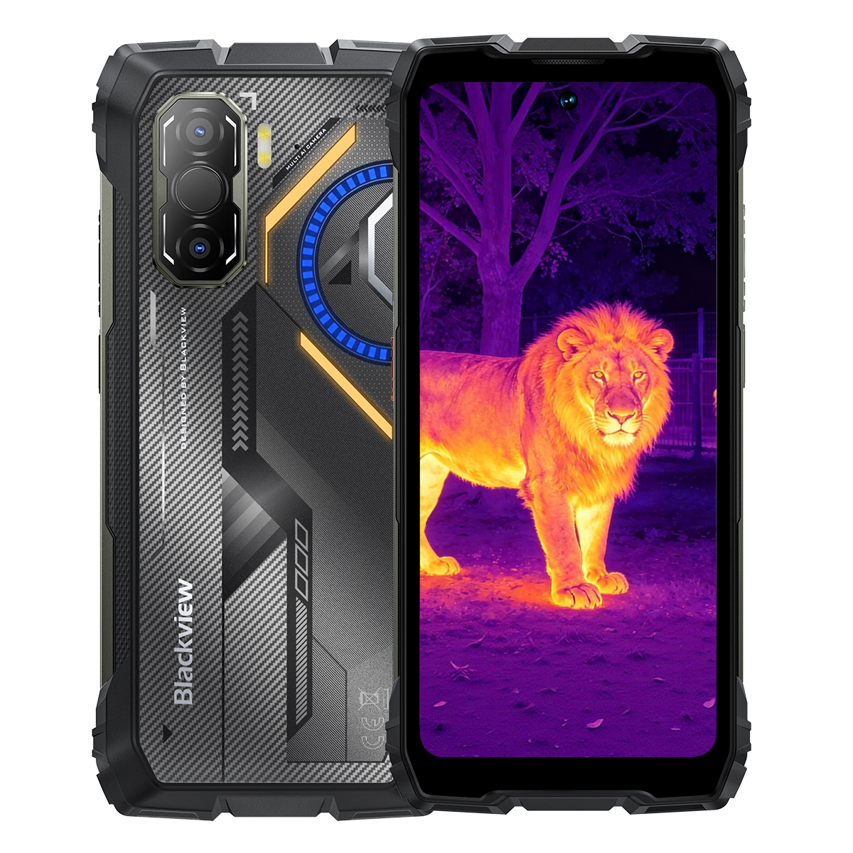 Ein robustes Smartphone mit einem Löwenbild im Thermalsichtmodus auf dem Bildschirm.