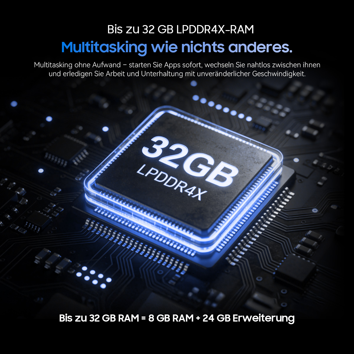 Ein 32GB LPDDR4X RAM-Chip auf einer Leiterplatte mit blauen Lichtern.
