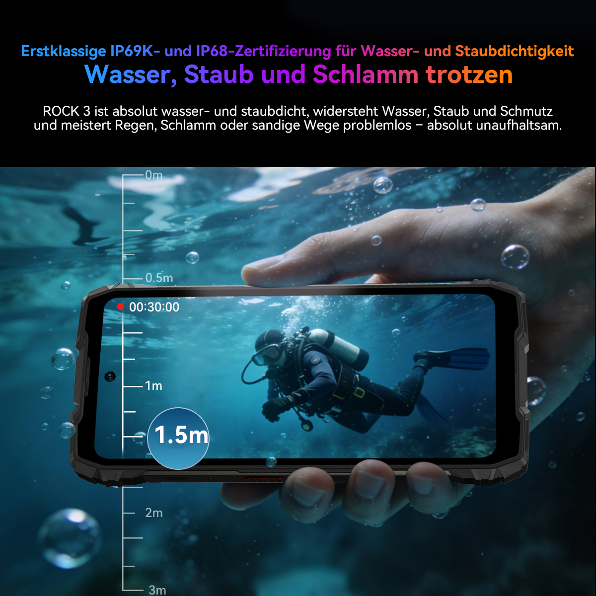 Hand hält robustes Handy unter Wasser. Taucher auf Display. Tiefenskala.