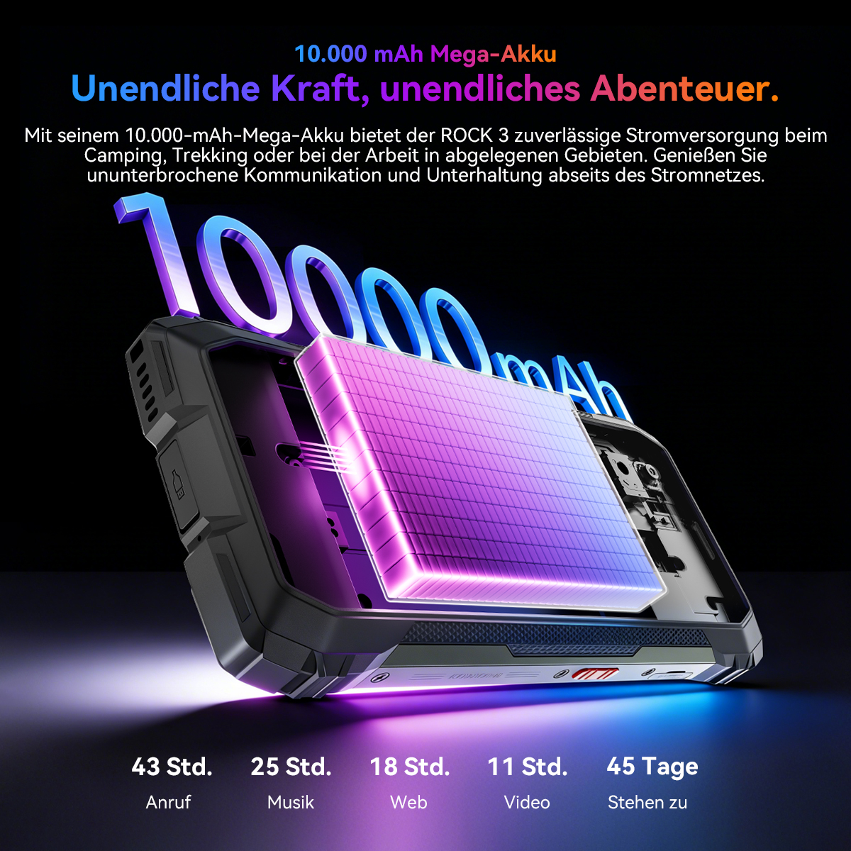 Robustes Smartphone mit 10.000 mAh Akku, zeigt Ladekapazität und Nutzungsdauer.