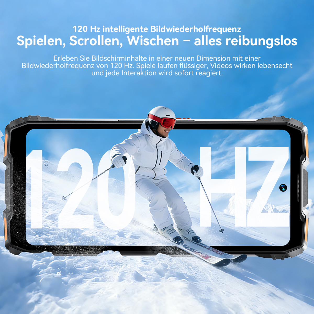 Ein Skifahrer auf einer Piste, mit "120 HZ" überlagert, vor blauem Himmel.