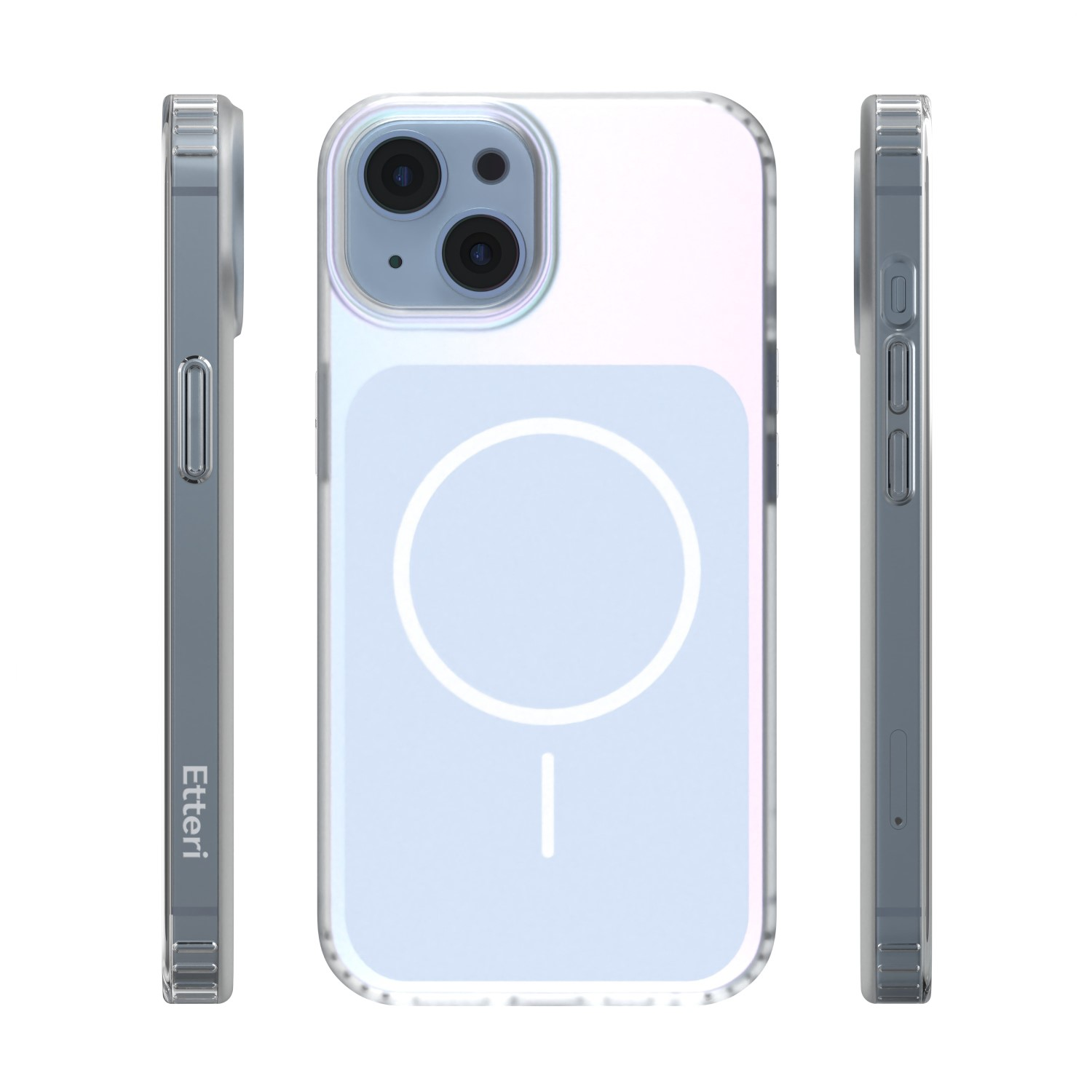 Custodia trasparente per telefono con anello MagSafe e ritaglio fotocamera su sfondo bianco.