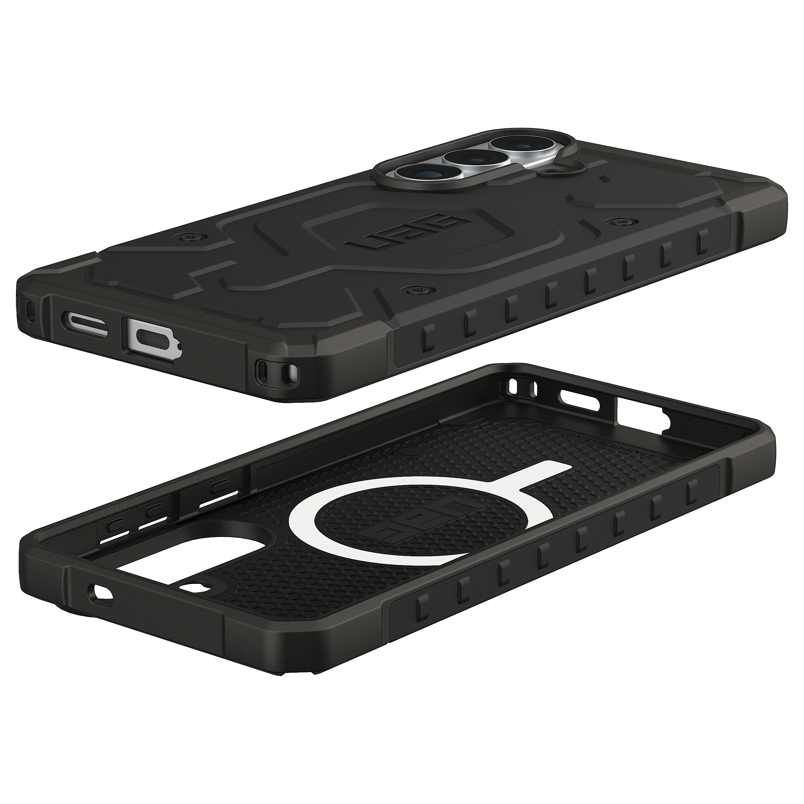 Custodia nera per telefono con ritaglio fotocamera e anello magnetico.