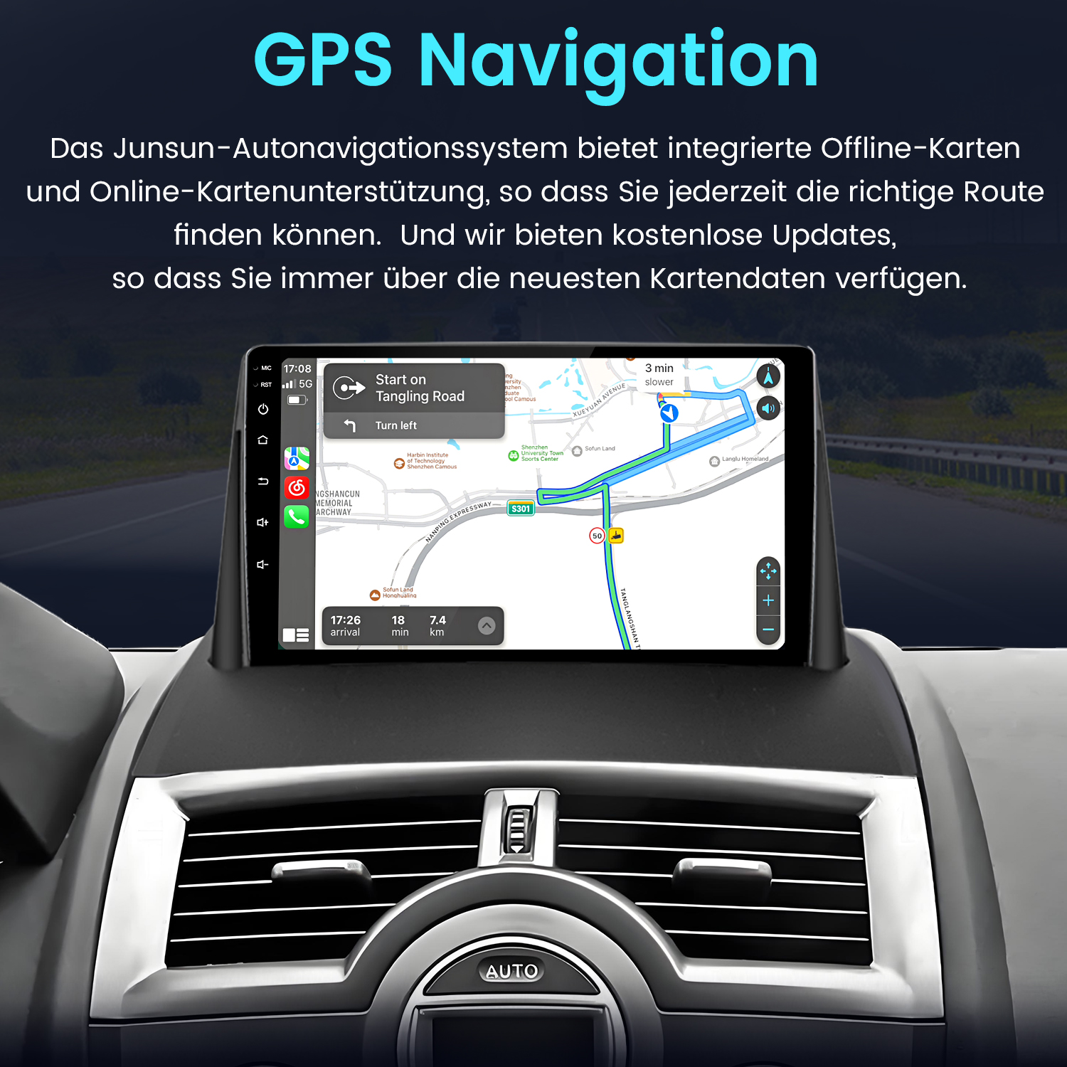 Ein Auto-Navigationssystem mit Offline- und Online-Karten auf einem Touchscreen.