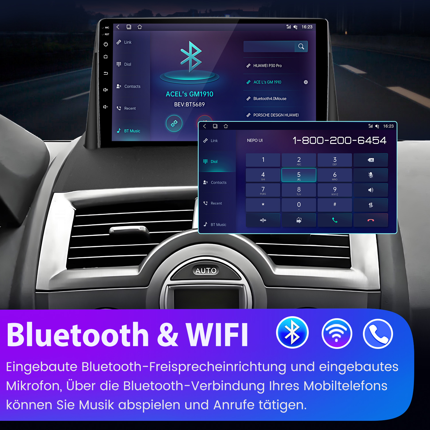 Autodisplay zeigt Bluetooth-Geräte und ein Ziffernfeld für Anrufe.