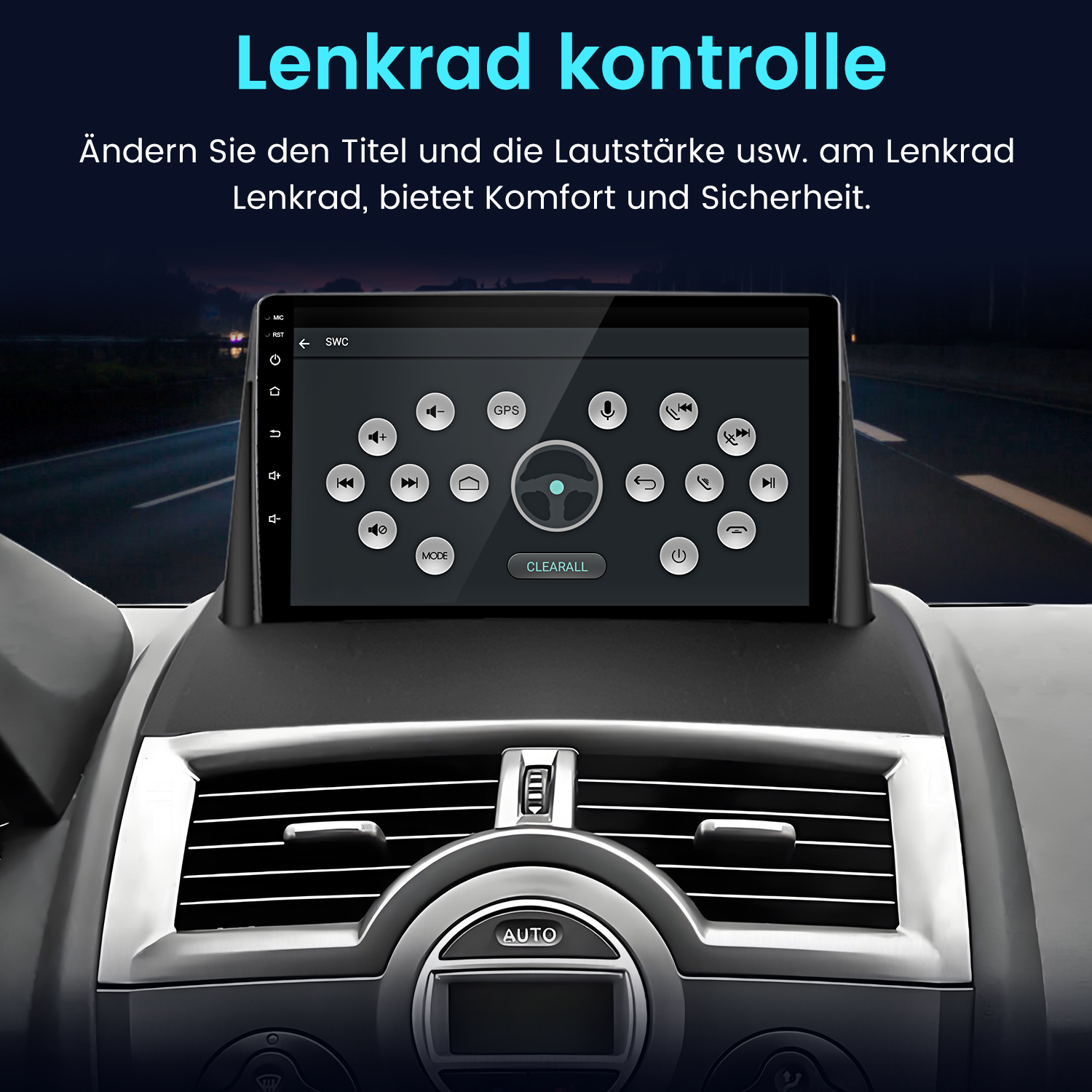 Ein Auto-Infotainment-Bildschirm zeigt Lenkrad-Steuerungsoptionen. Der Hintergrund ist unscharf.