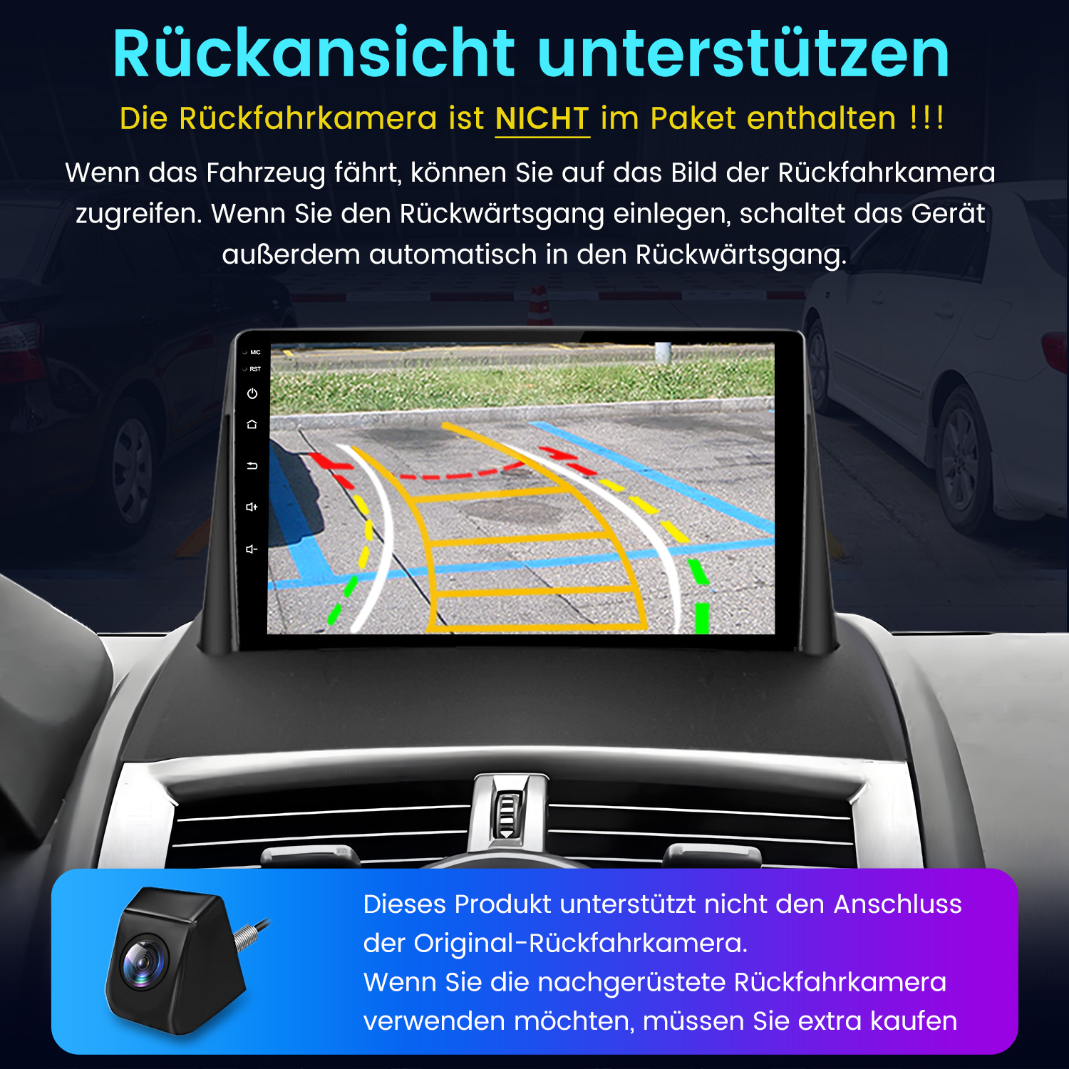 Ein Autoradio zeigt eine Rückfahrkamera-Ansicht mit Parklinien.