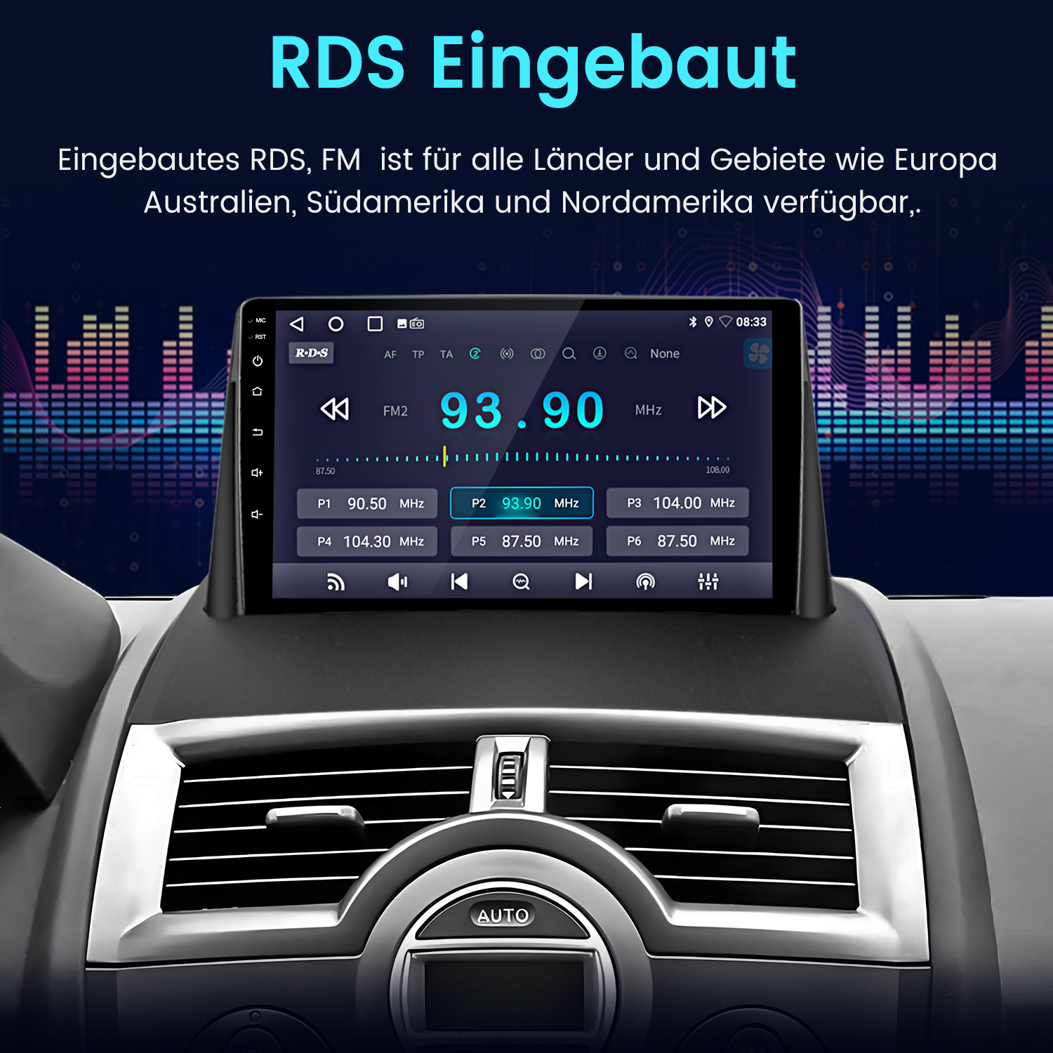 Ein Autoradio mit RDS-Funktion und FM-Empfang wird gezeigt.