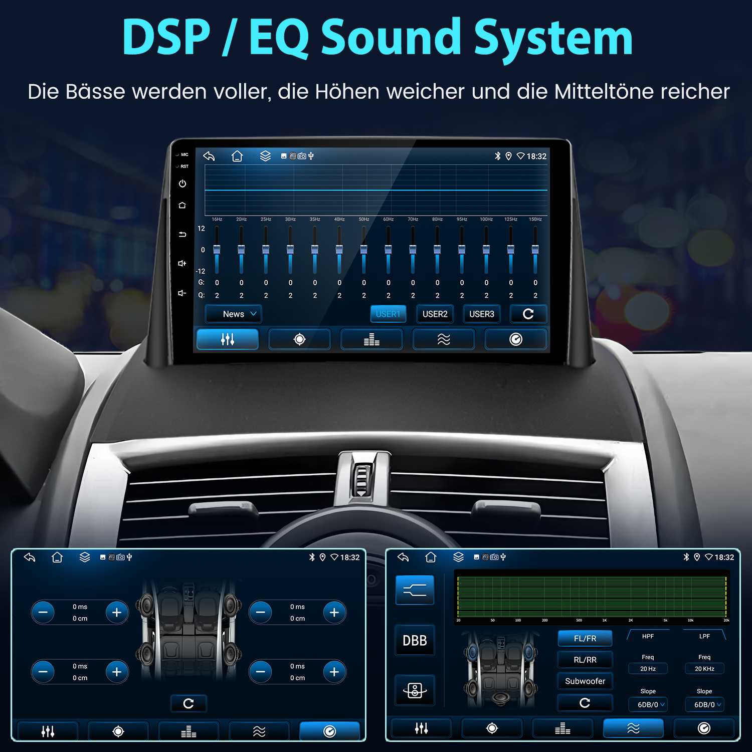 DSP/EQ-Soundsystem mit zwei Touchscreens, die Equalizer- und Audioeinstellungen anzeigen.