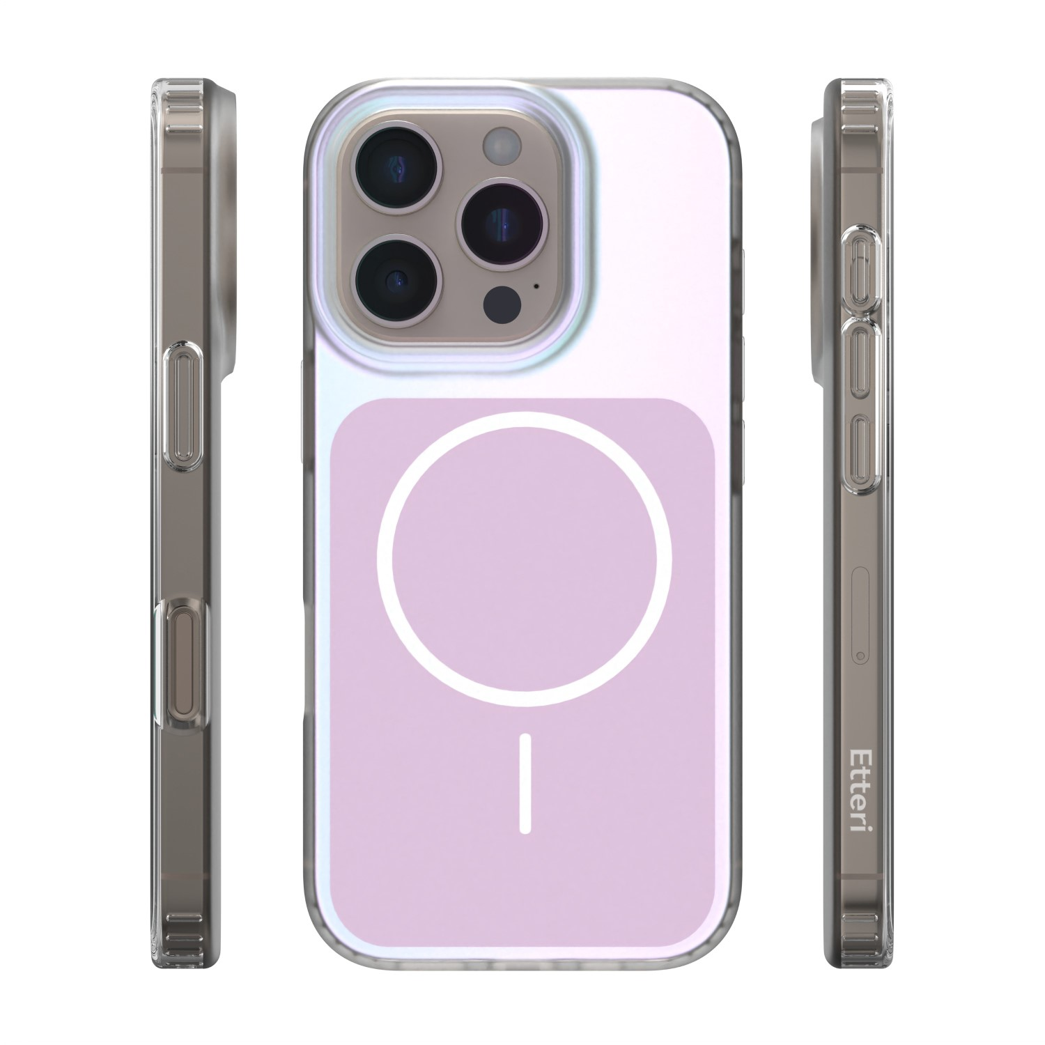 iPhone z przezroczystym, fioletowym etui i trzema aparatami.