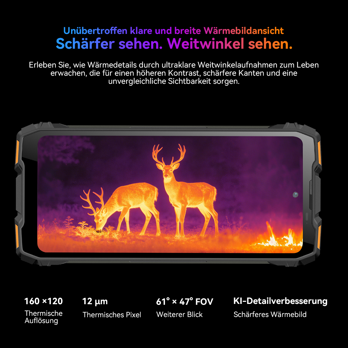 Zwei Hirsche auf einem Feld, dargestellt mit einer Wärmebildkamera.