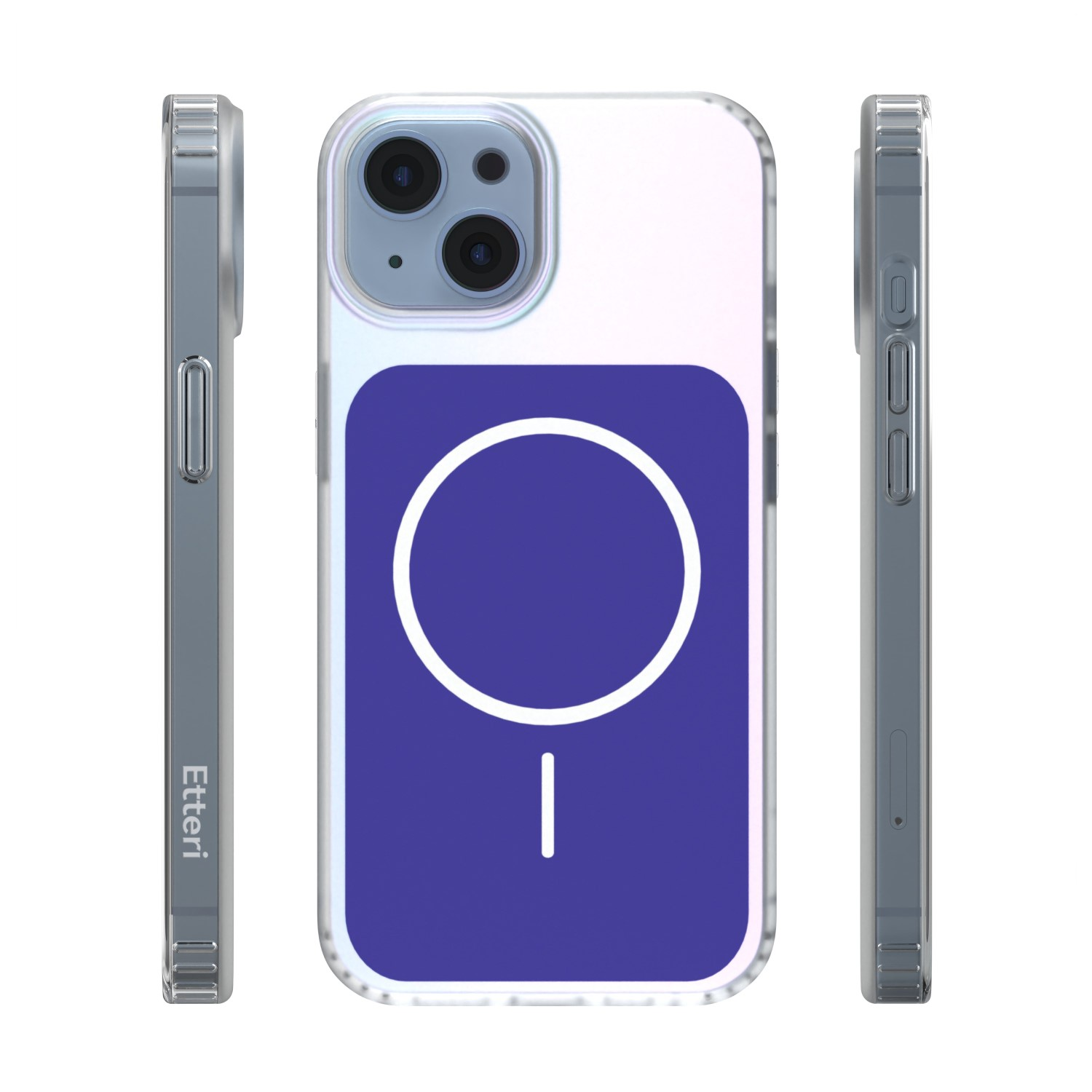 Una cover trasparente per telefono con simbolo MagSafe viola.