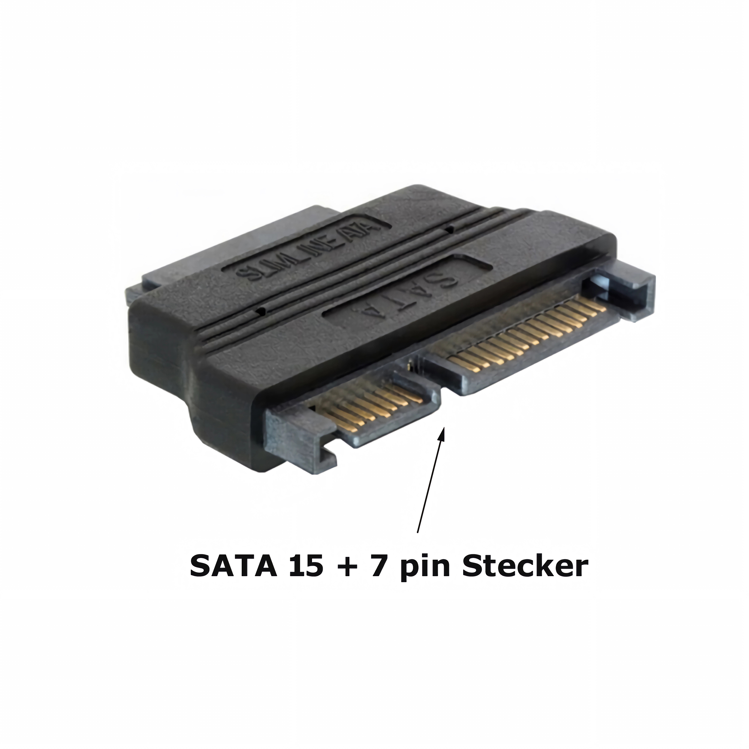 Schwarzer Slim-Line SATA-Adapter mit 15+7 Pins.