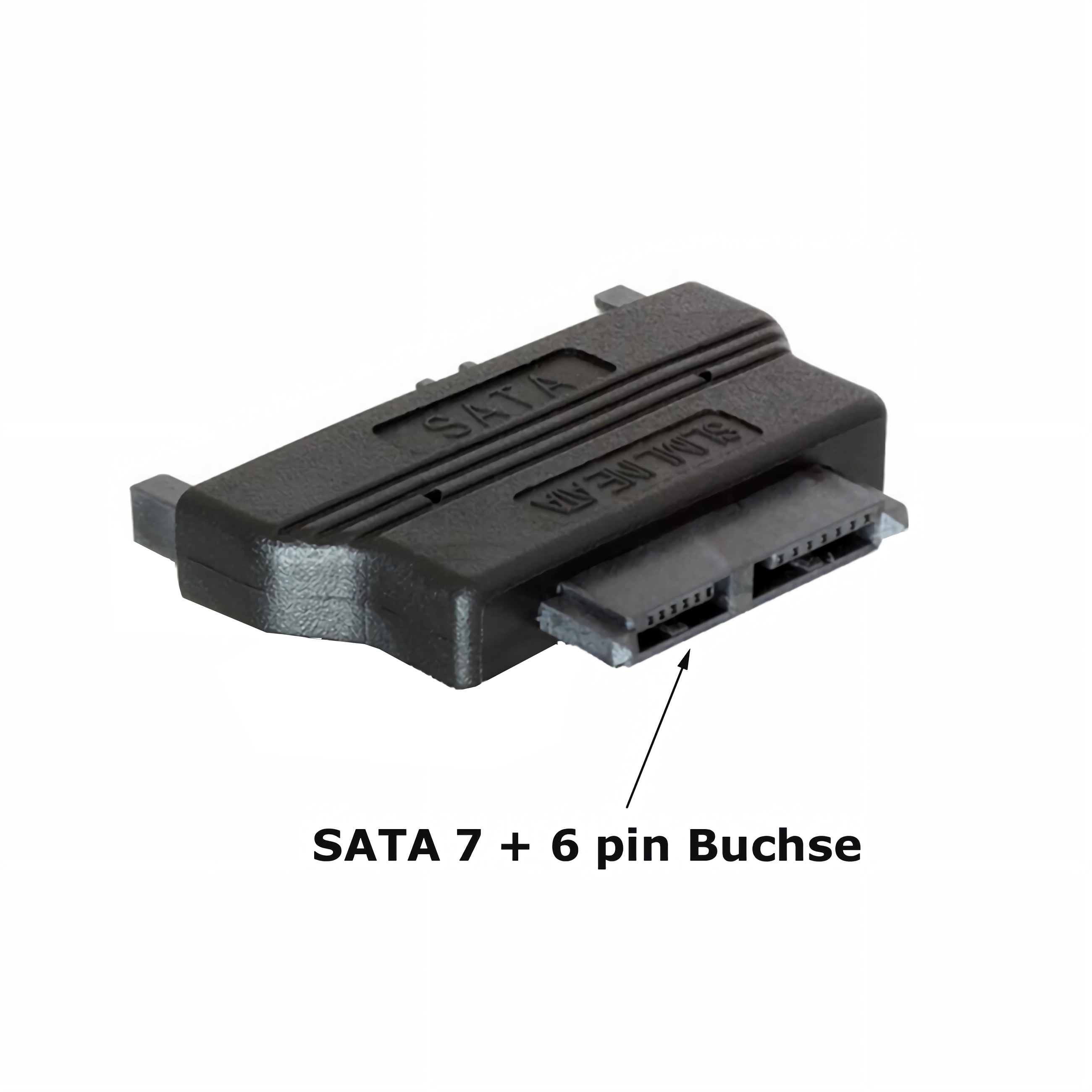 Schwarzer SATA-Adapter mit 7+6-Pin-Buchsenanschluss.