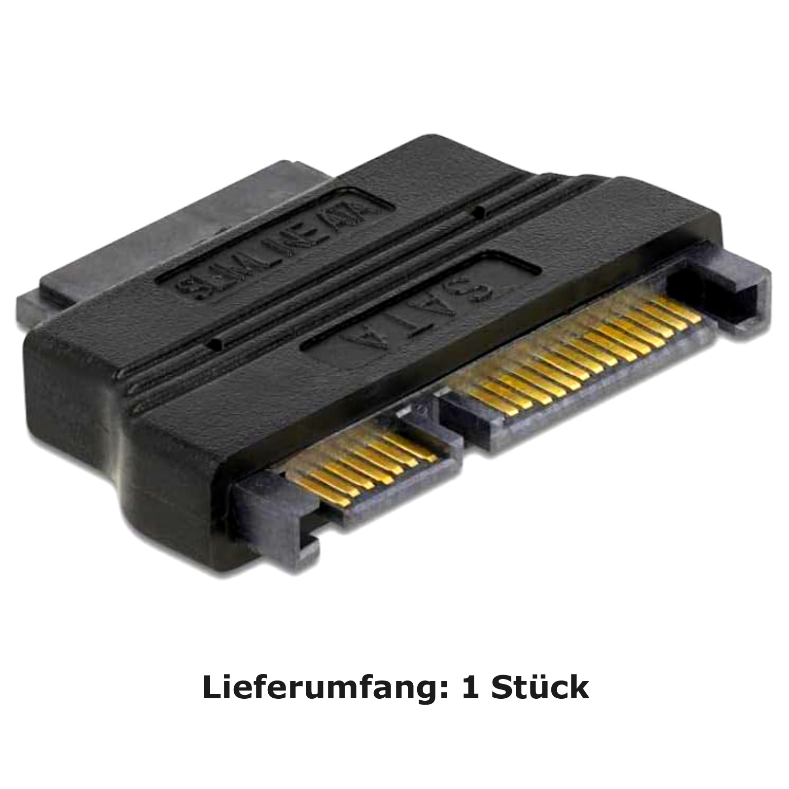 Schwarzer SATA-zu-Slimline-SATA-Adapter mit goldenen Kontakten.