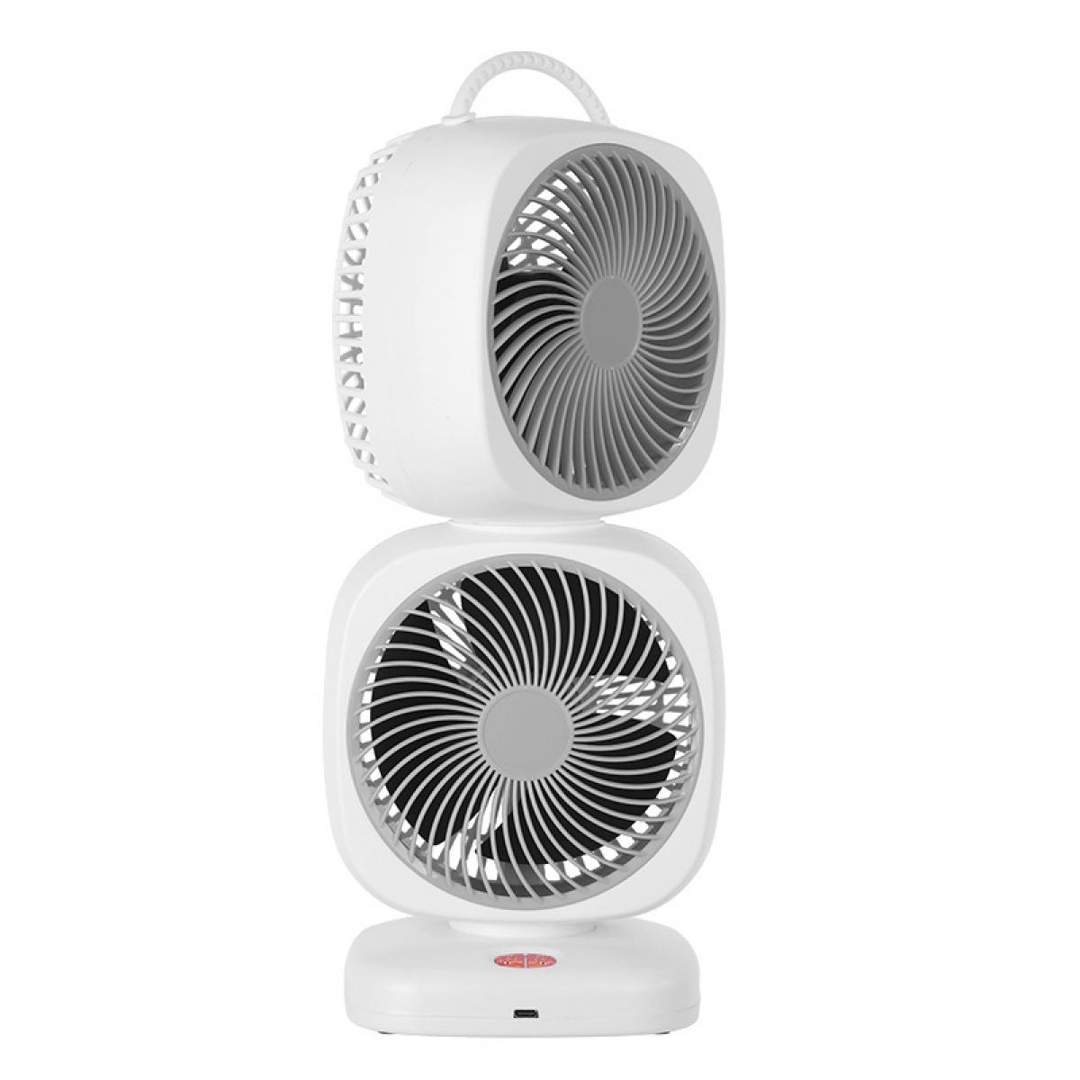 Ein weißer Doppelventilator mit grauen Lüfterblättern und einem Griff.