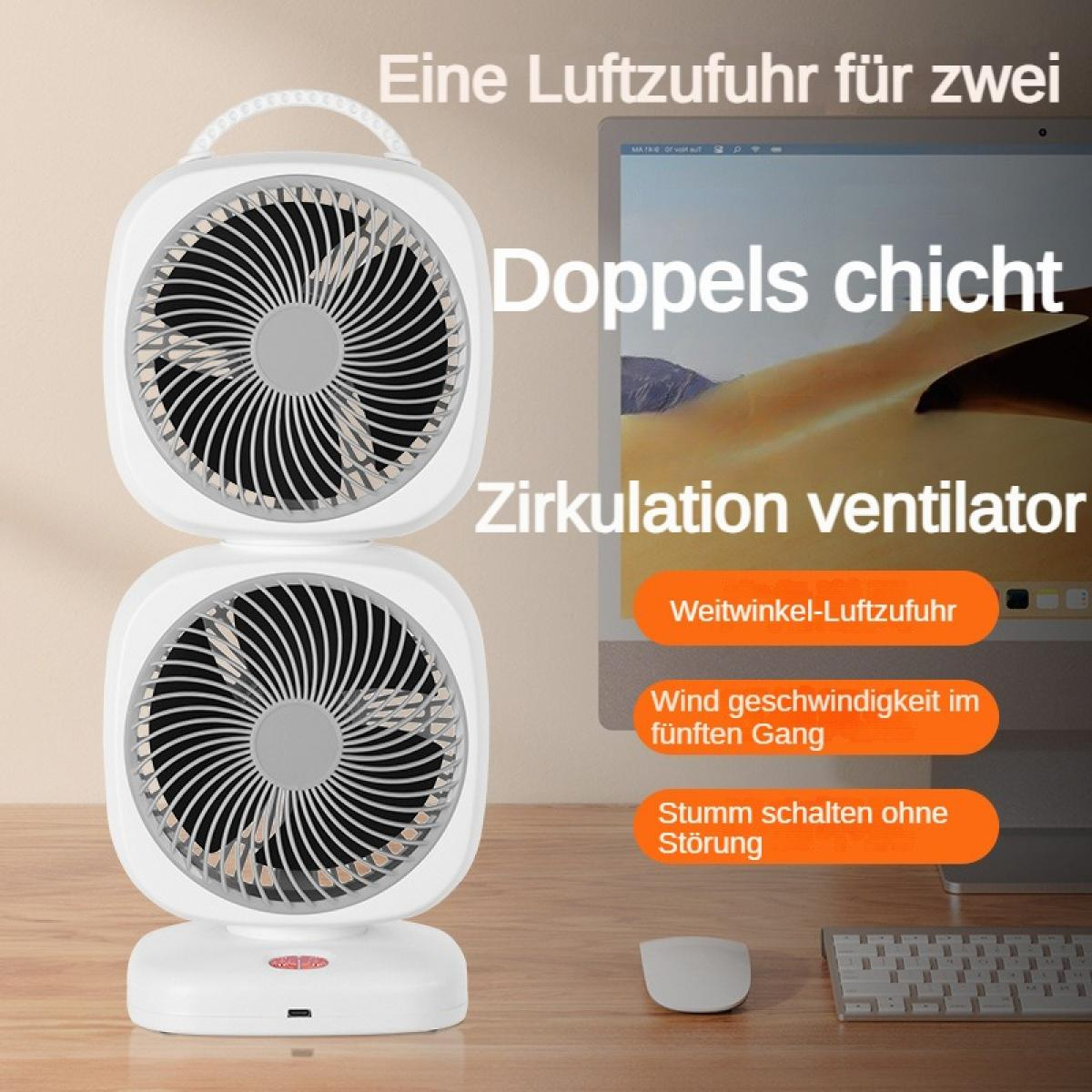 Doppelter weißer Ventilator auf einem Schreibtisch neben einem Computer.