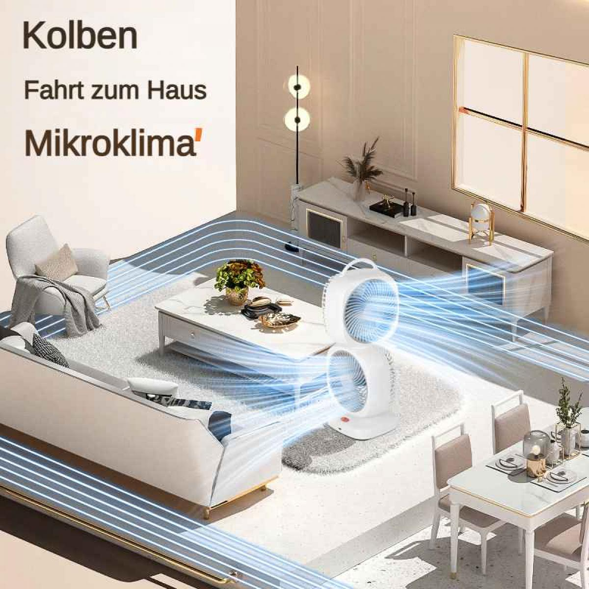 Ein weißer Ventilator mit zwei Köpfen kühlt ein Wohnzimmer mit Sofa und Tisch.