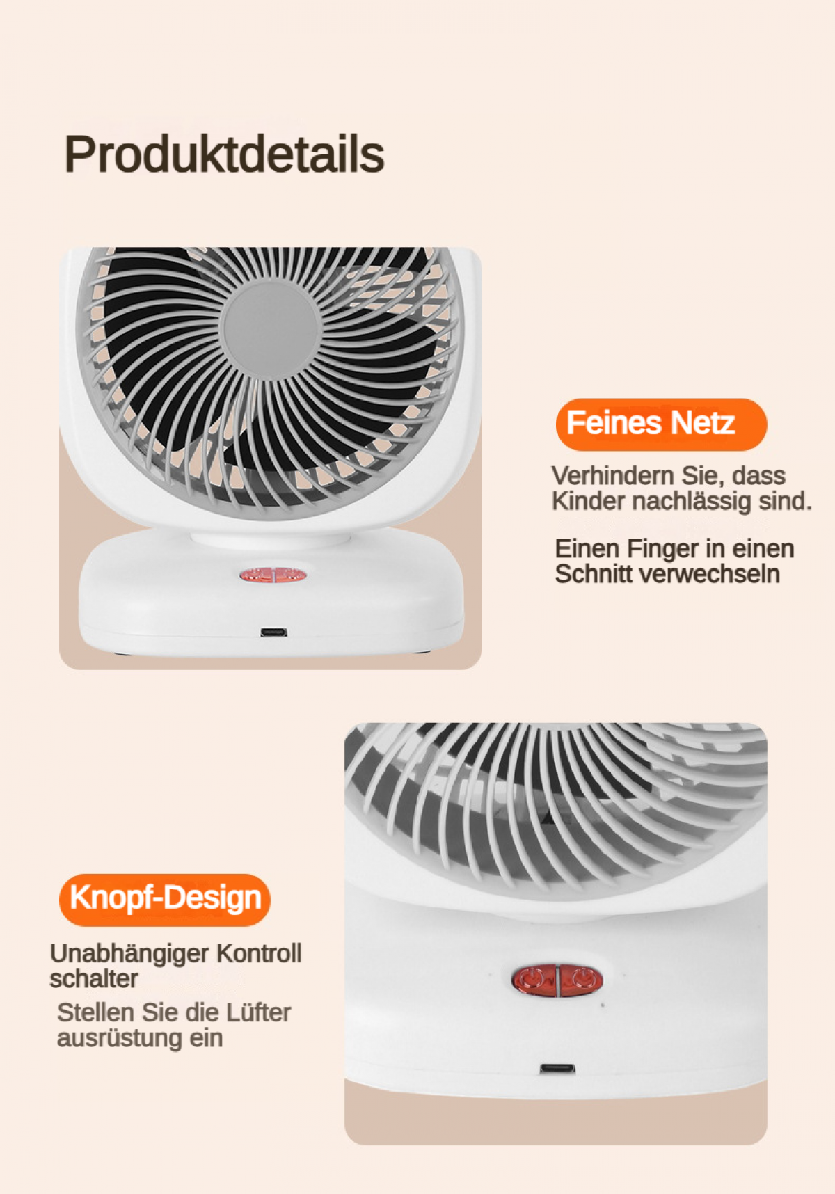Ein weißer Ventilator mit feinem Netz und Knopf-Design.