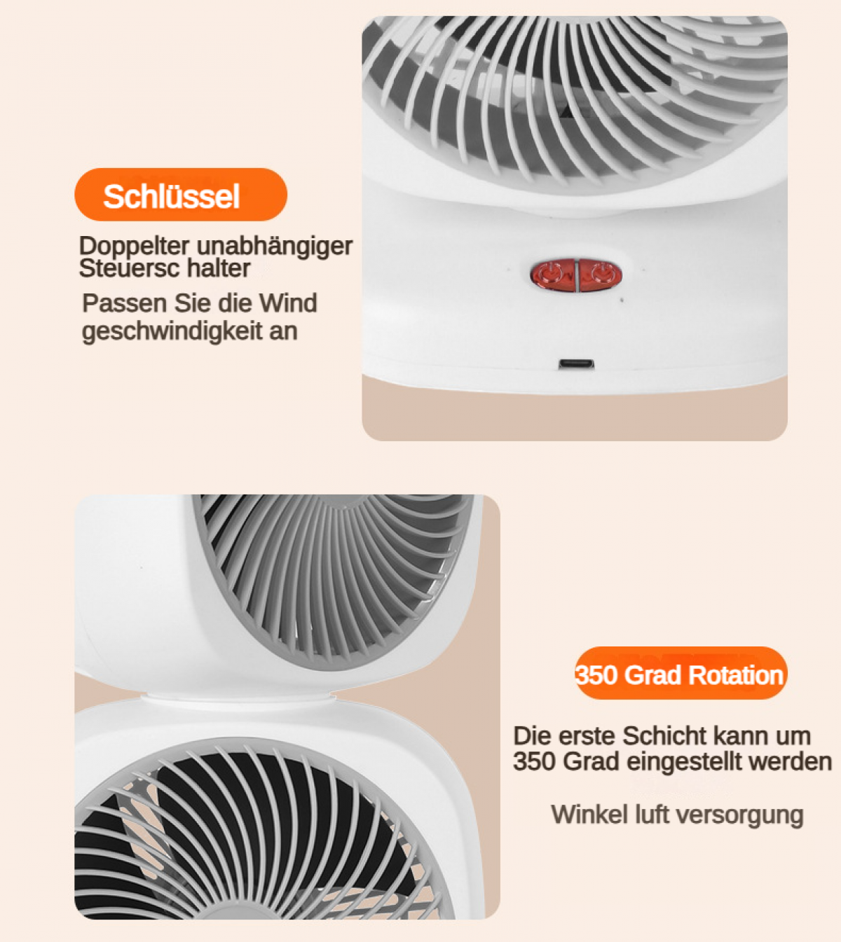 Nahaufnahme eines weißen Ventilators mit Bedienelementen und Text.