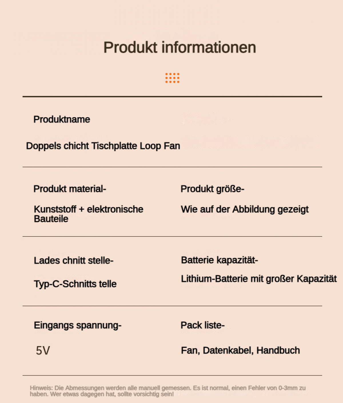 Produktinformationen: Name, Material, Größe, Ladeanschluss, Batterie, Spannung, Packliste.
