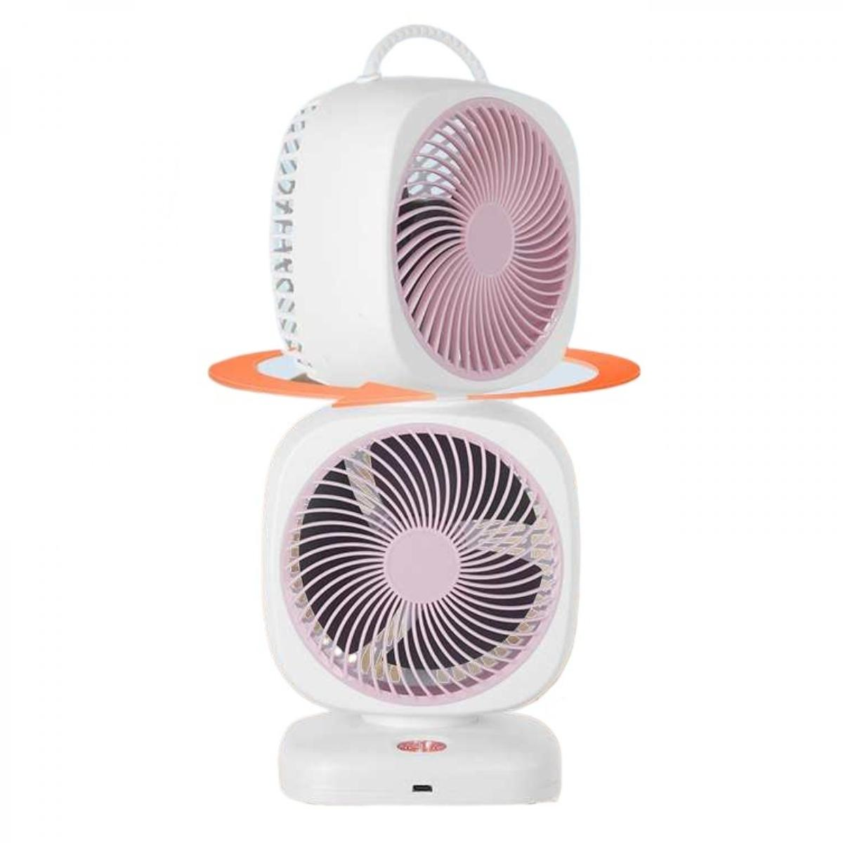 Zwei weiße Ventilatoren mit rosa Gittern und Griffen auf weißem Hintergrund.