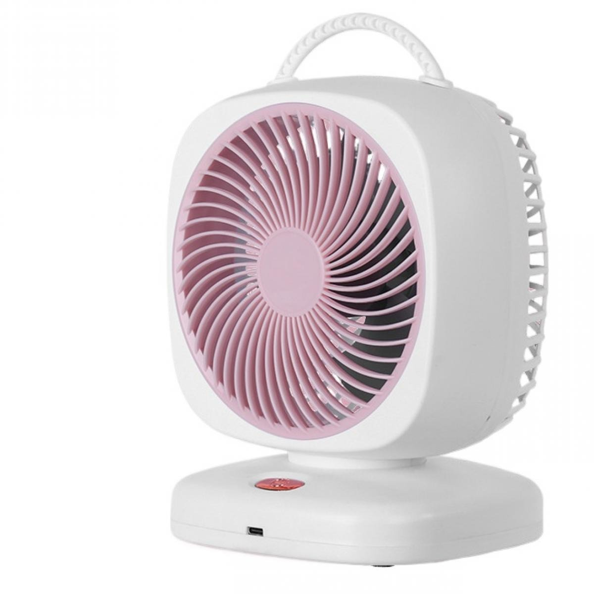 Ein weißer Ventilator mit rosa Lüfterblatt und Griff auf einem Sockel.