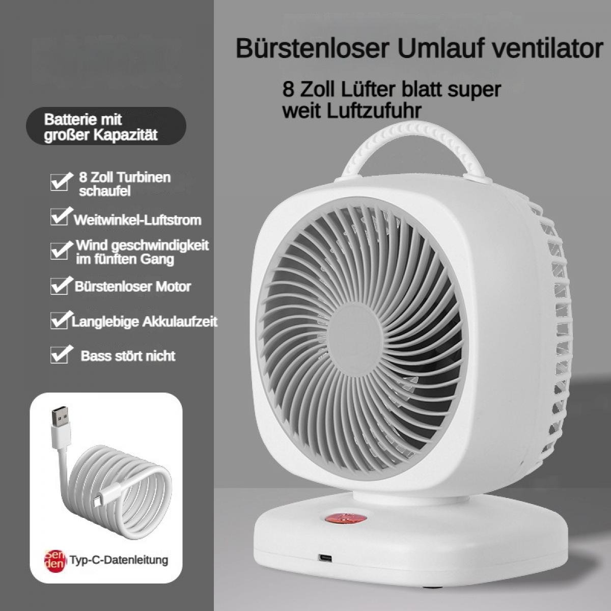 Ein weißer Tischventilator mit 8 Zoll Lüfterblättern und Typ-C-Kabel.
