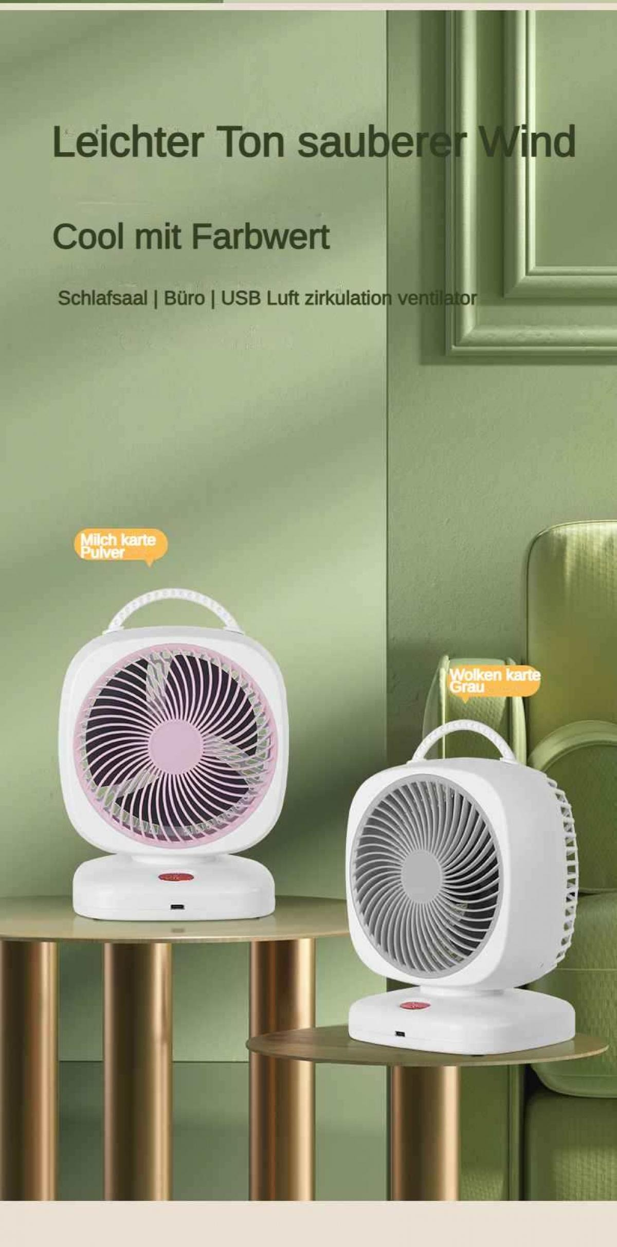 Zwei weiße Ventilatoren mit rosa und grauen Gittern auf runden Tischen.