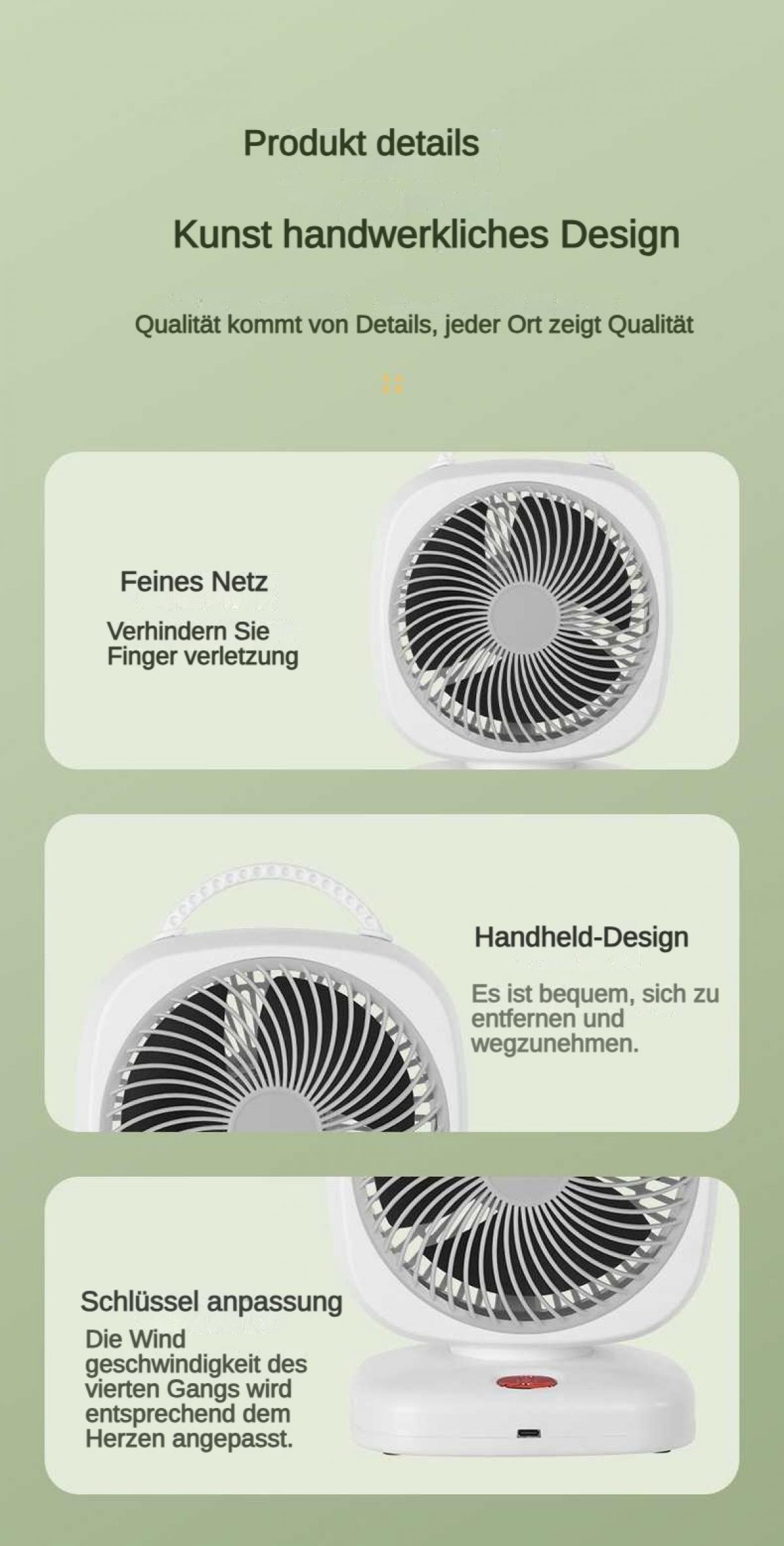 Ein weißer Ventilator mit feinem Netz, Handheld-Design und Schlüsselanpassung.