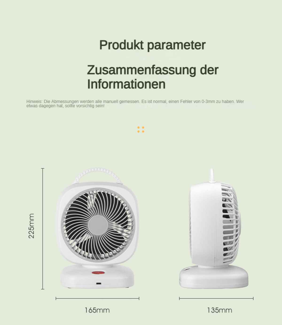 Weiße Ventilatoren in Vorder- und Seitenansicht mit Maßen.