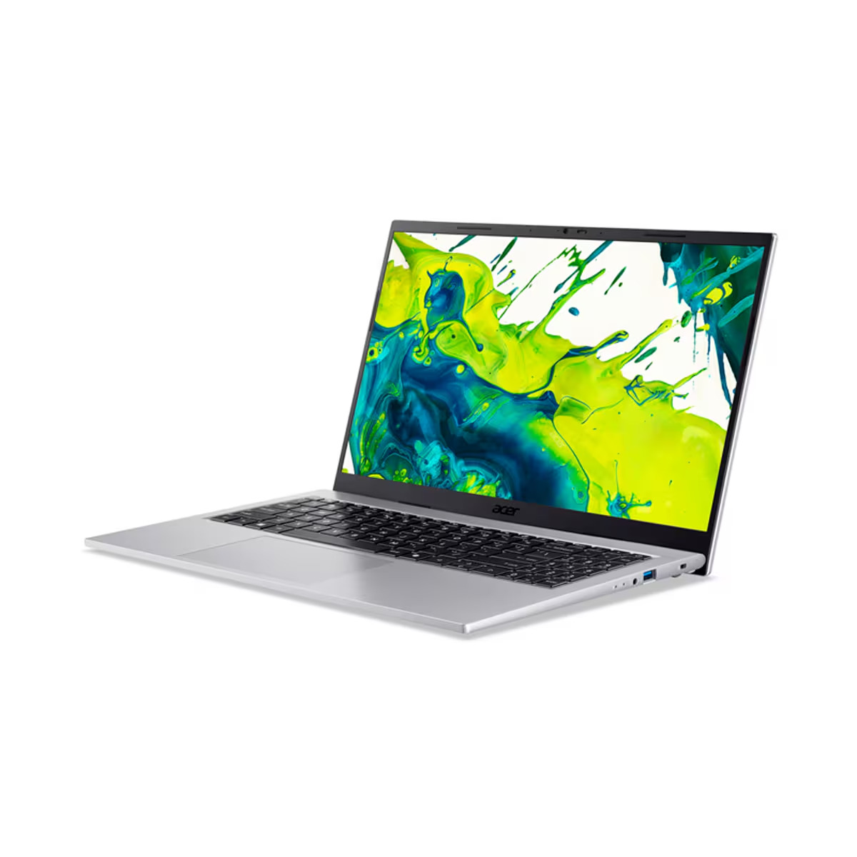 Ein silberner Laptop mit einem bunten Bildschirmschoner mit Farbklecksen.