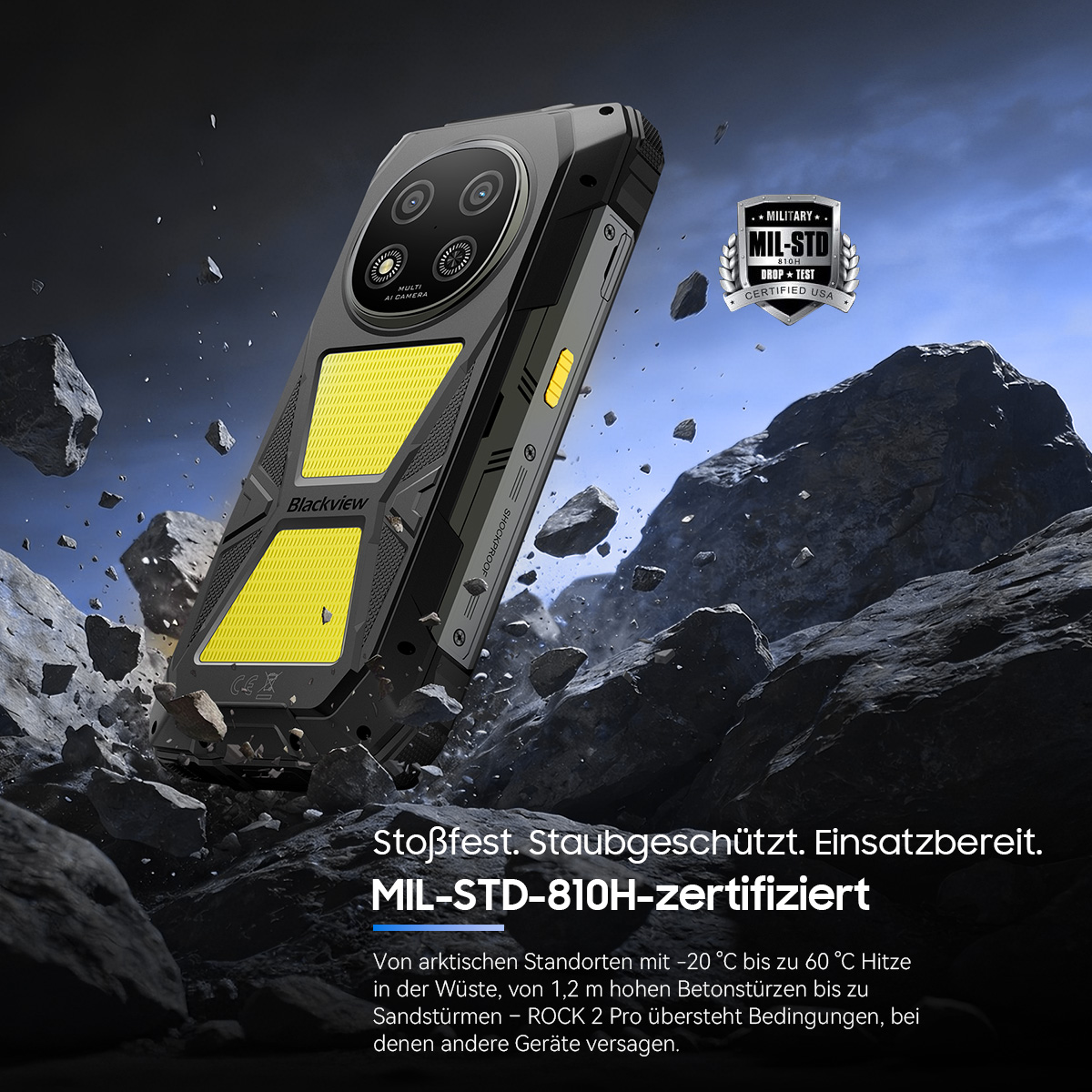 Ein robustes Blackview Smartphone mit gelben Akzenten fliegt vor felsigem Hintergrund.