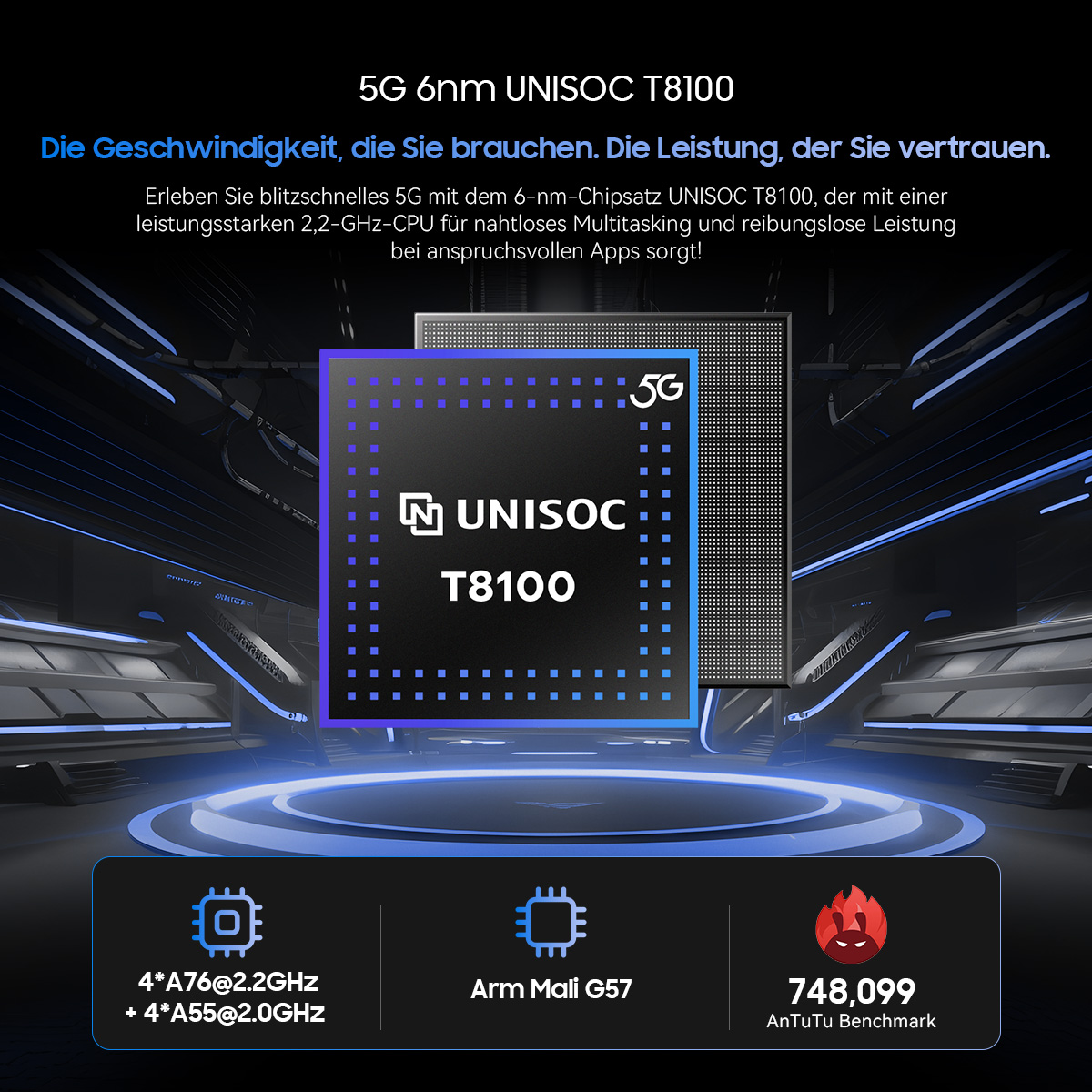 Der UNISOC T8100 5G Chip: 4x A76, 4x A55, Mali G57, 748.099 AnTuTu.