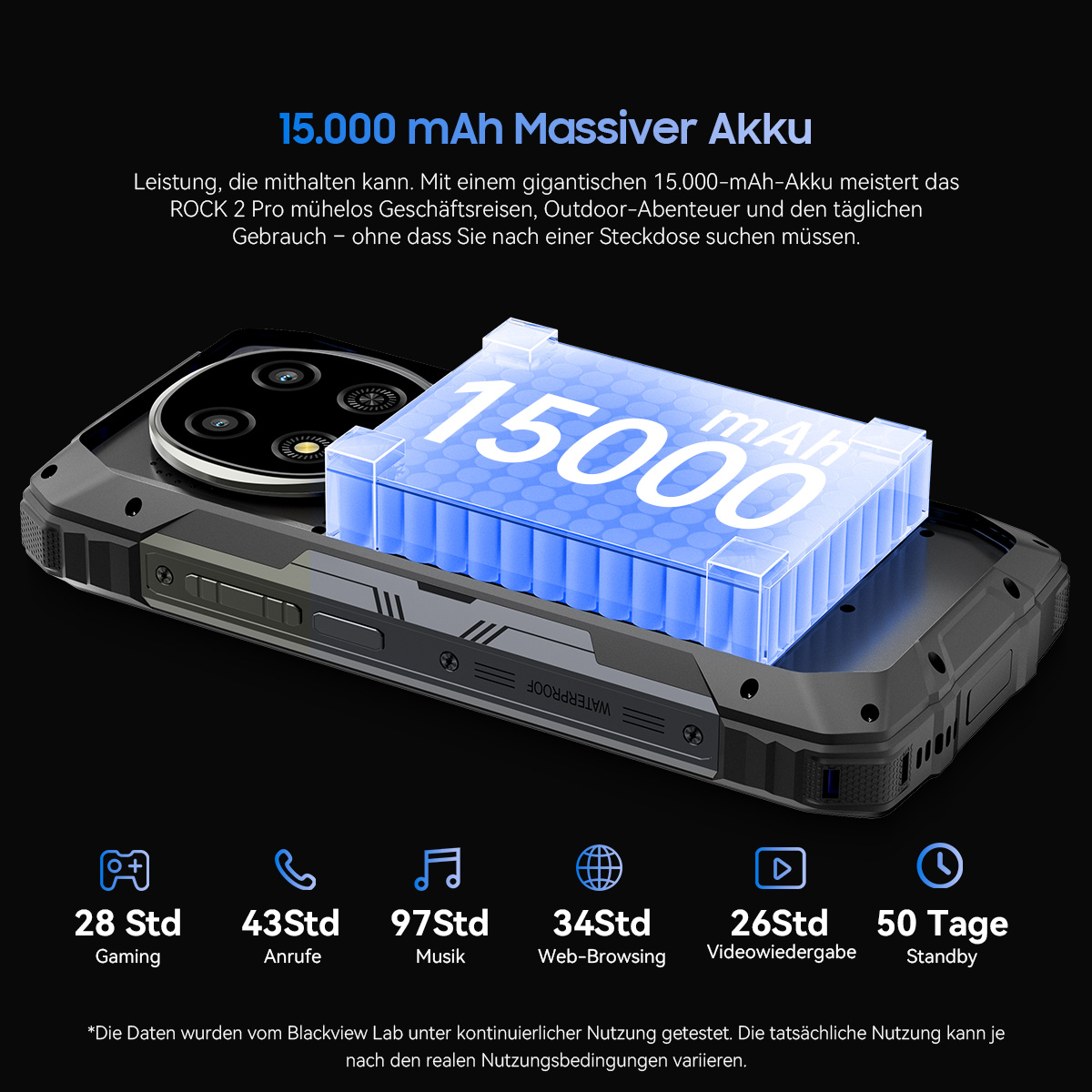 Ein schwarzes Smartphone mit einem leuchtend blauen 15.000 mAh Akku-Symbol.
