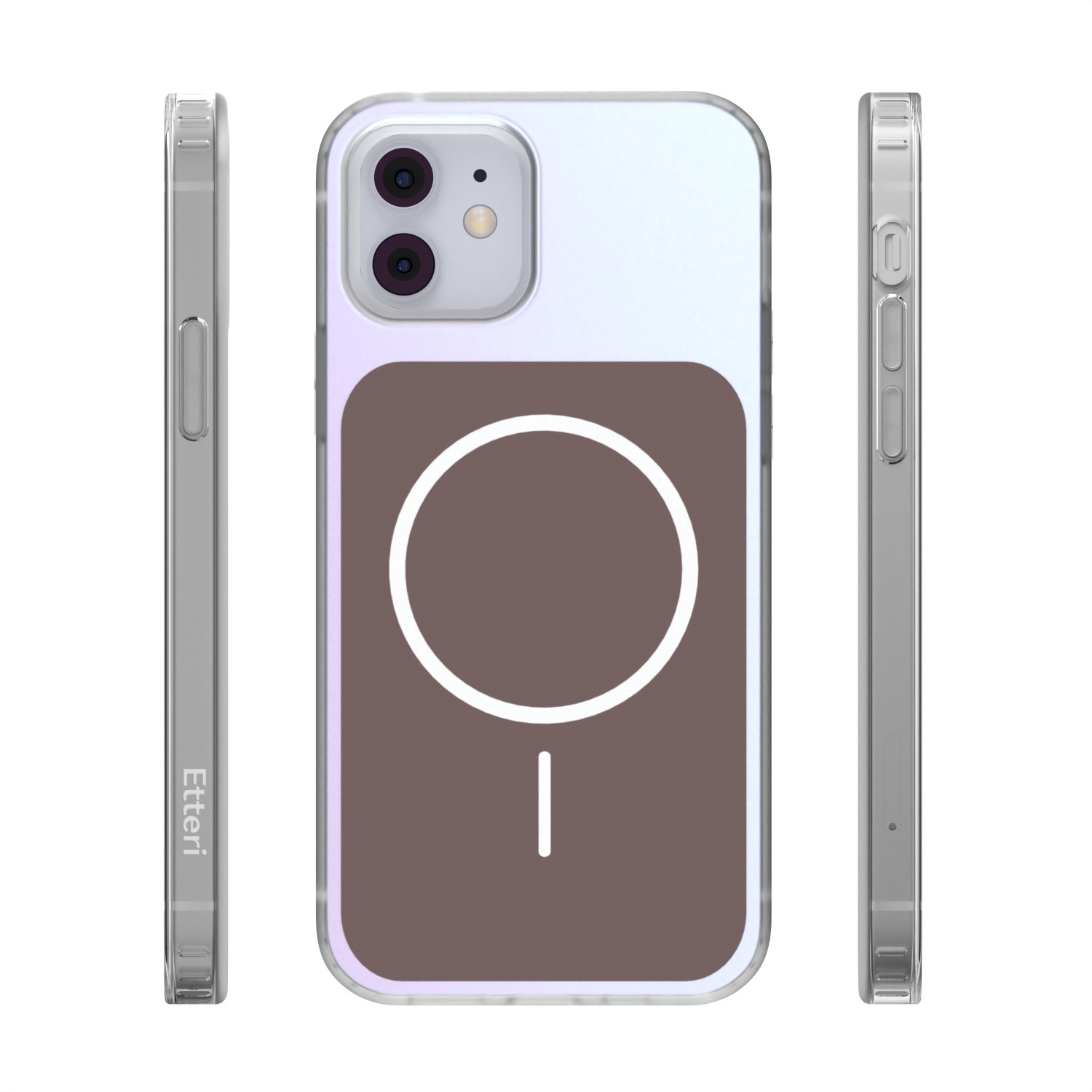 Custodia trasparente per telefono con design cerchio e linea marrone, tre viste.