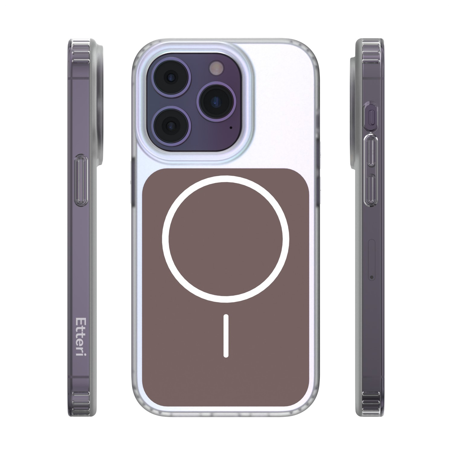 Una custodia trasparente per telefono con tre fotocamere e un anello magnetico.