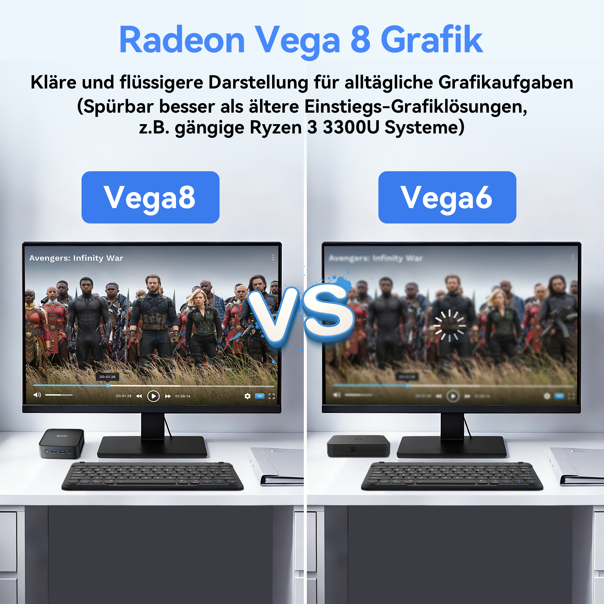 Vergleich von Vega 8 und Vega 6 Grafikleistung, zeigt Avengers-Szene.