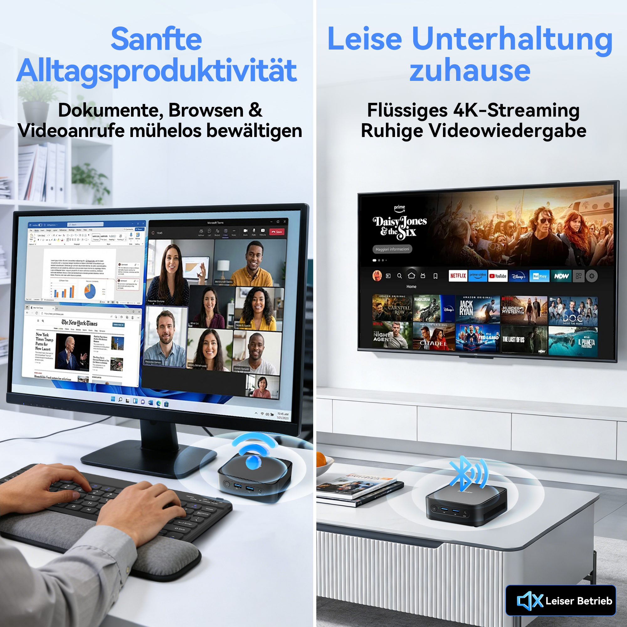 Computerbildschirm zeigt Videokonferenz; Fernseher zeigt Streaming-Dienst. Leiser Betrieb.
