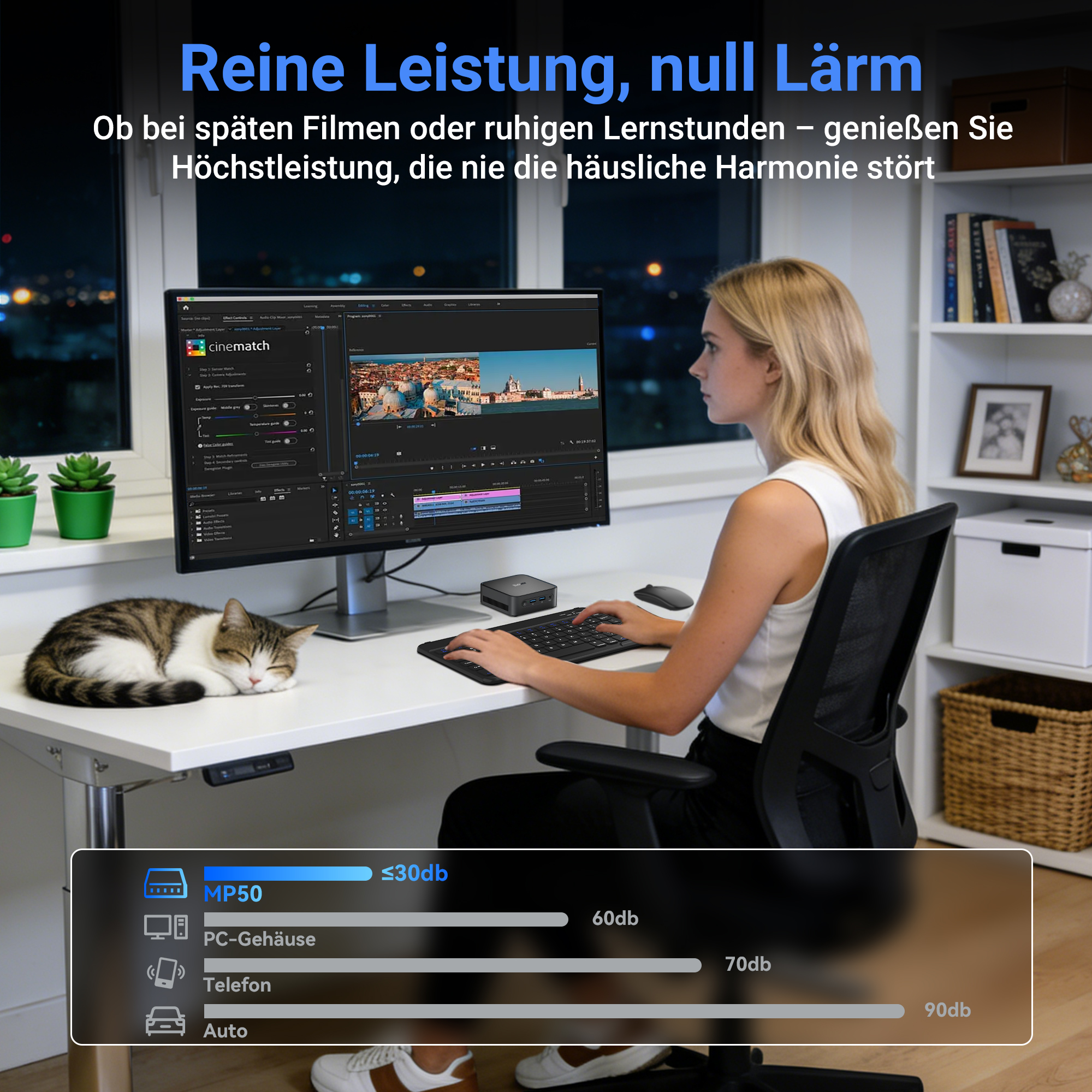 Eine Frau arbeitet am Computer, eine Katze schläft neben ihr. Geräuschpegelanzeige unten.
