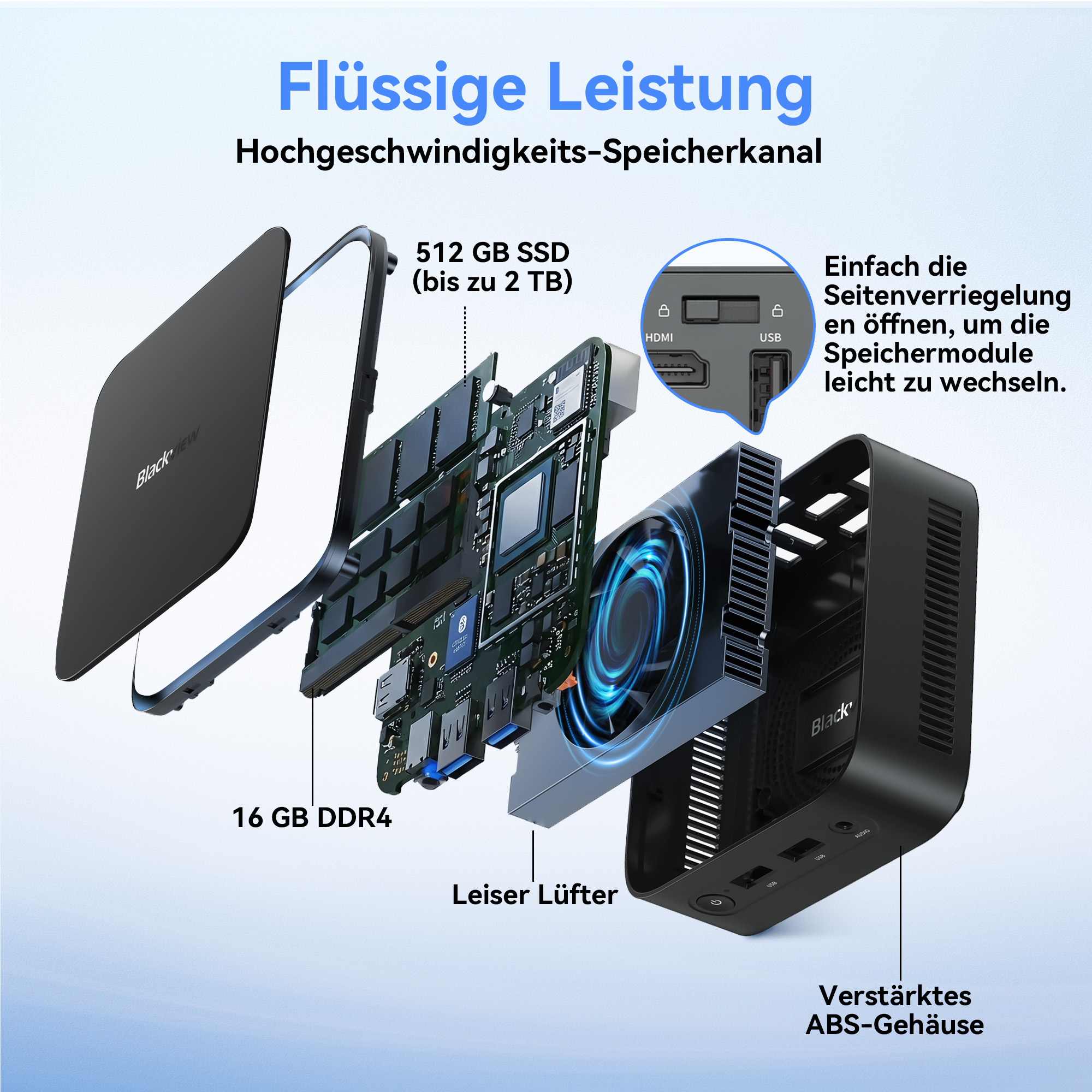 Explodierte Ansicht eines schwarzen Computers mit Komponenten wie SSD, RAM, Lüfter.