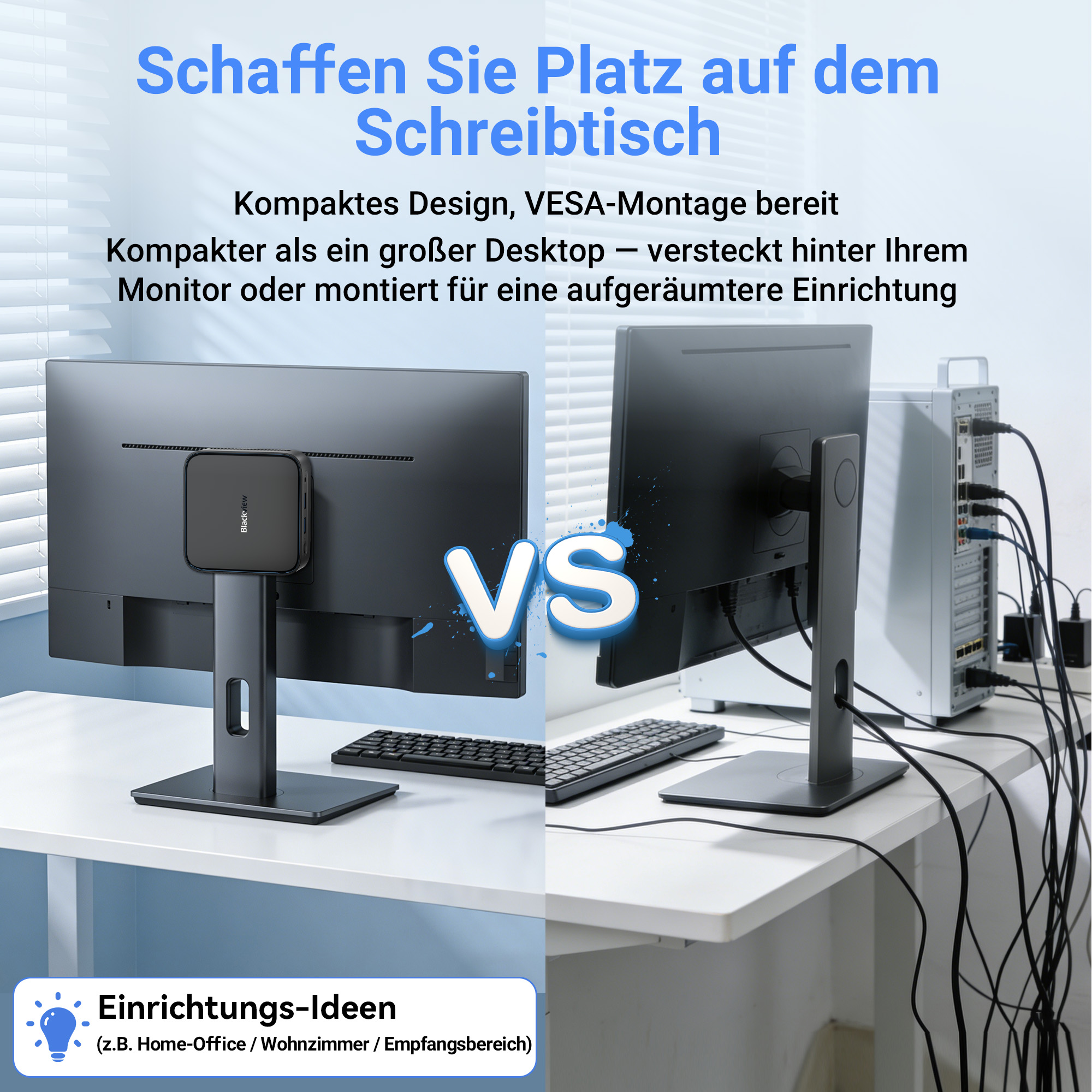 Vergleich von zwei Schreibtisch-Setups: eins mit Mini-PC am Monitor, eins mit PC und Kabelchaos.