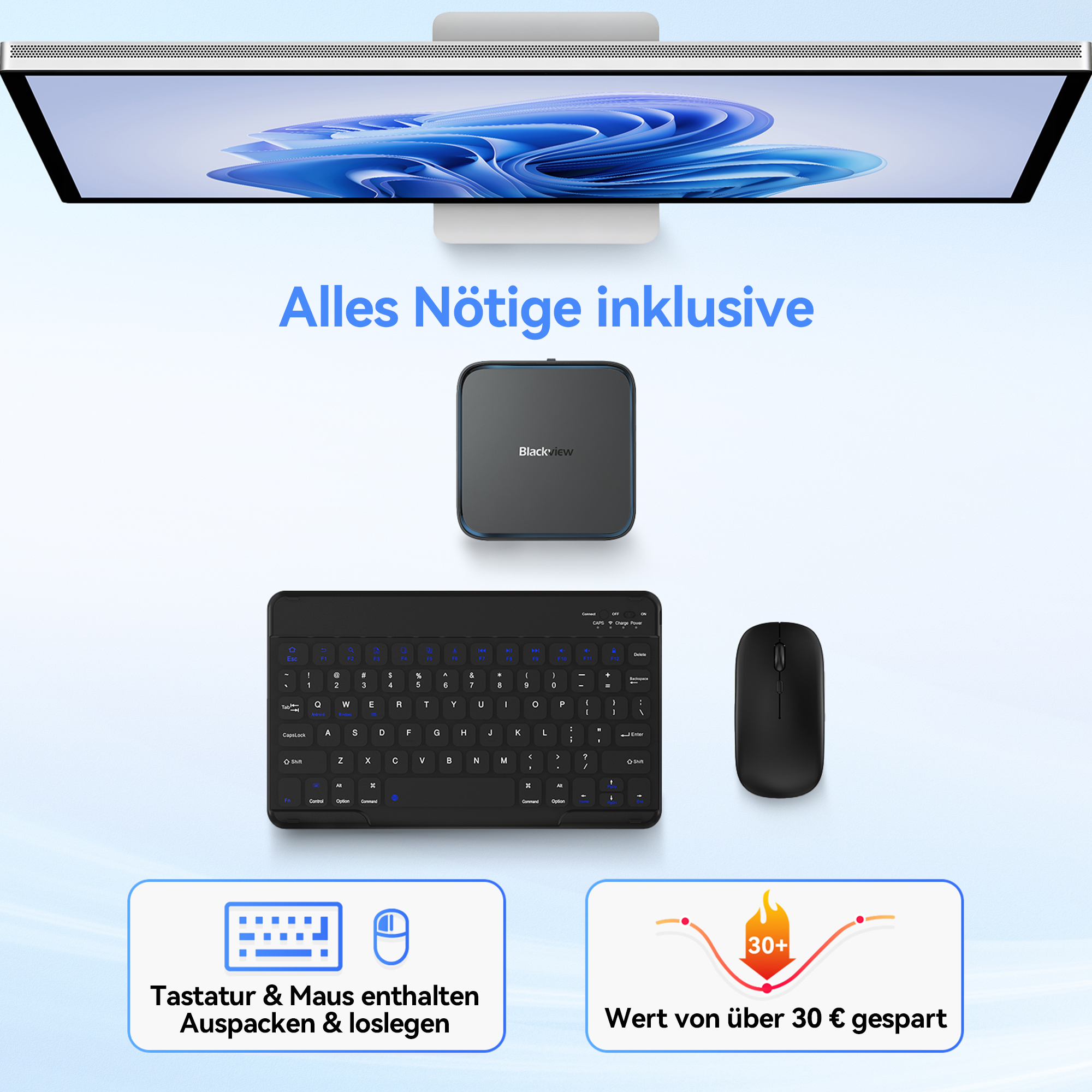 Ein Desktop-Computer mit Tastatur, Maus und kleiner Box.